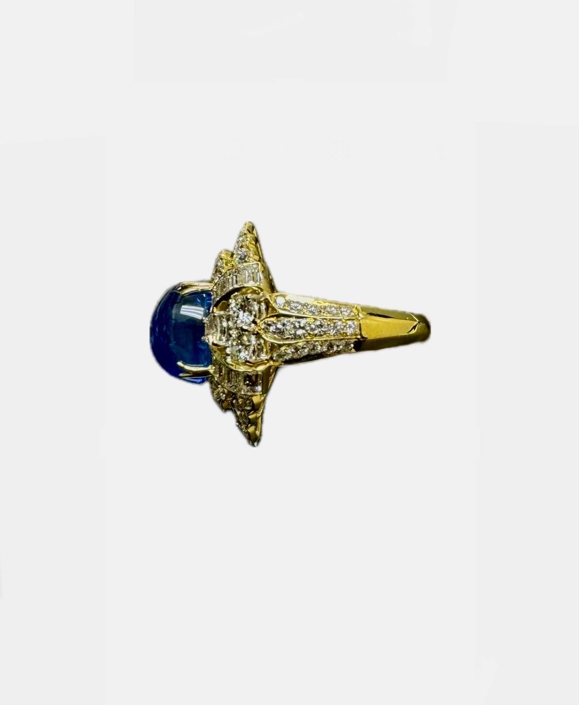18K Yellow Gold Diamond GIA Certified 7.83 Carat Cabochon Blue Sapphire Ring For Sale 6