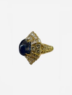 18K Yellow Gold Diamond GIA Certified 7.83 Carat Cabochon Blue Sapphire Ring