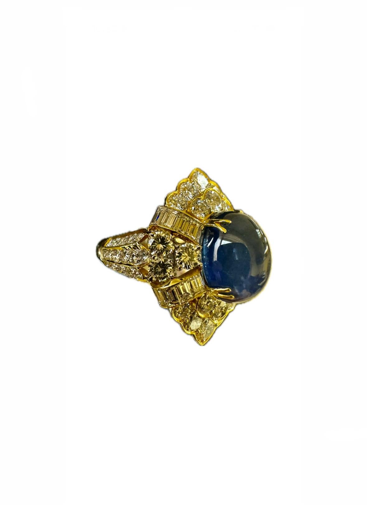 Art Deco 18K Yellow Gold Diamond GIA Certified 7.83 Carat Cabochon Blue Sapphire Ring For Sale