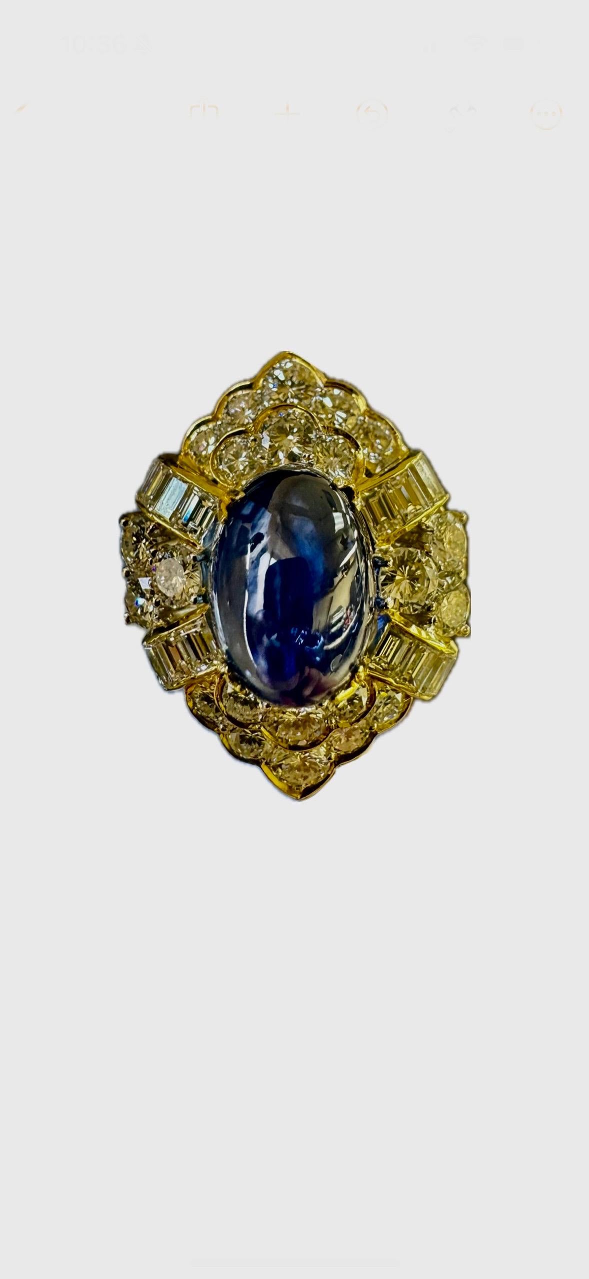 Oval Cut 18K Yellow Gold Diamond GIA Certified 7.83 Carat Cabochon Blue Sapphire Ring For Sale