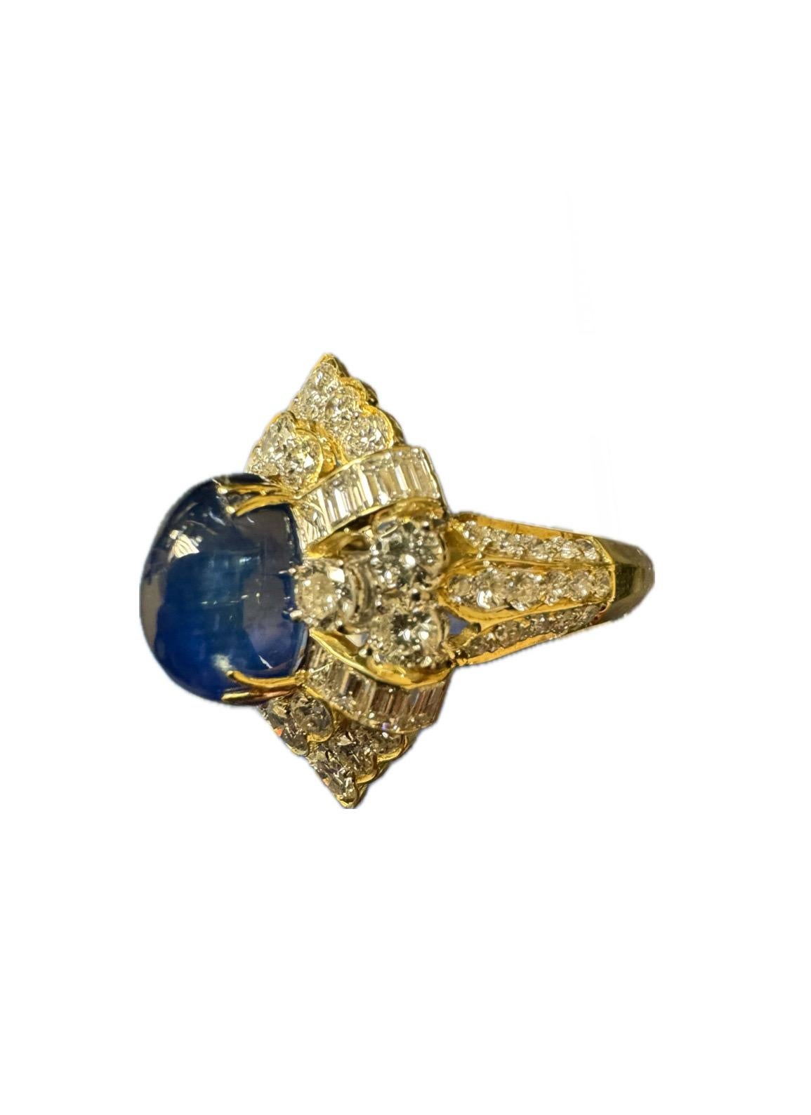 18K Yellow Gold Diamond GIA Certified 7.83 Carat Cabochon Blue Sapphire Ring In New Condition For Sale In Los Angeles, CA