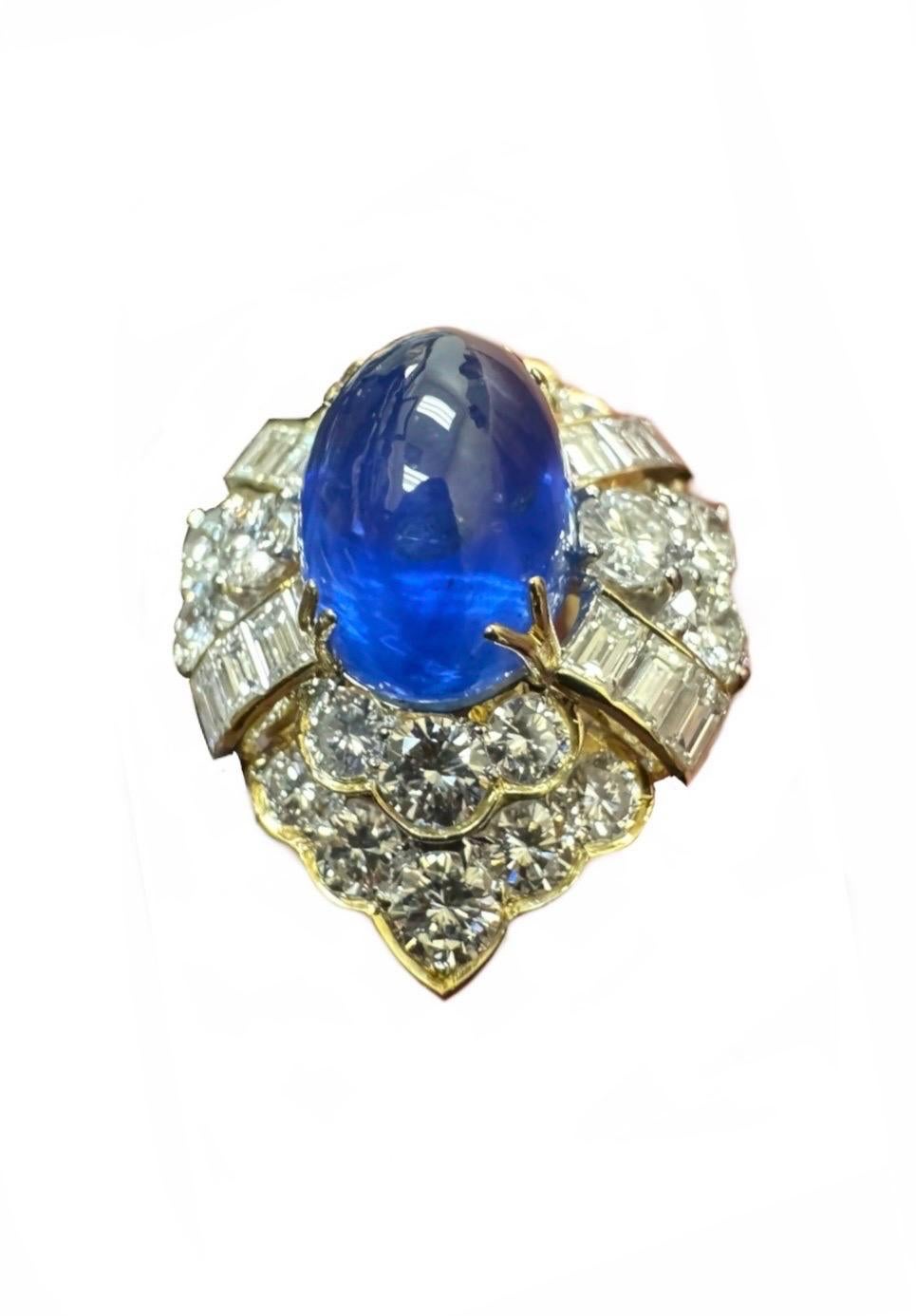 18K Yellow Gold Diamond GIA Certified 7.83 Carat Cabochon Blue Sapphire Ring For Sale 1