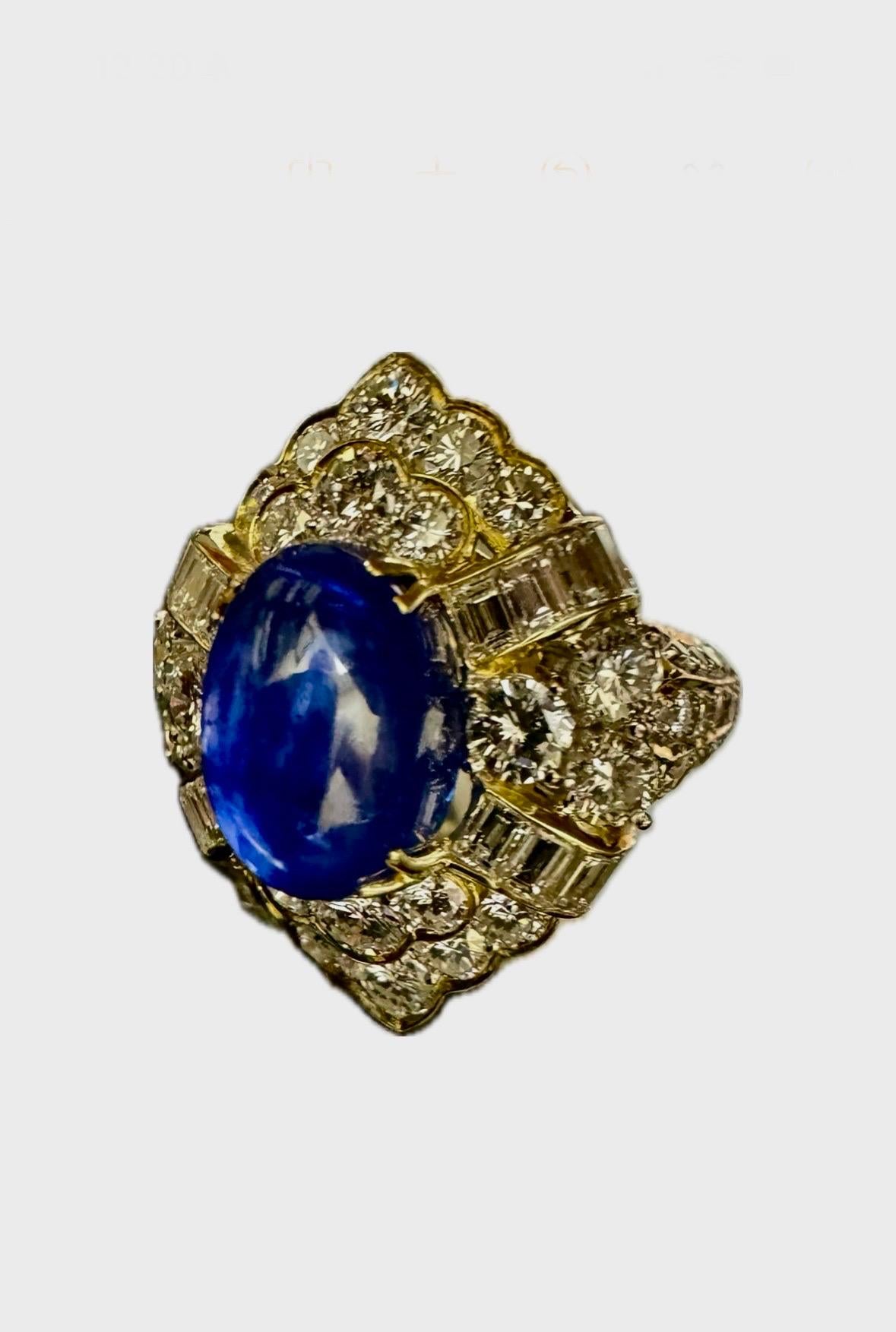 18K Yellow Gold Diamond GIA Certified 7.83 Carat Cabochon Blue Sapphire Ring For Sale 2