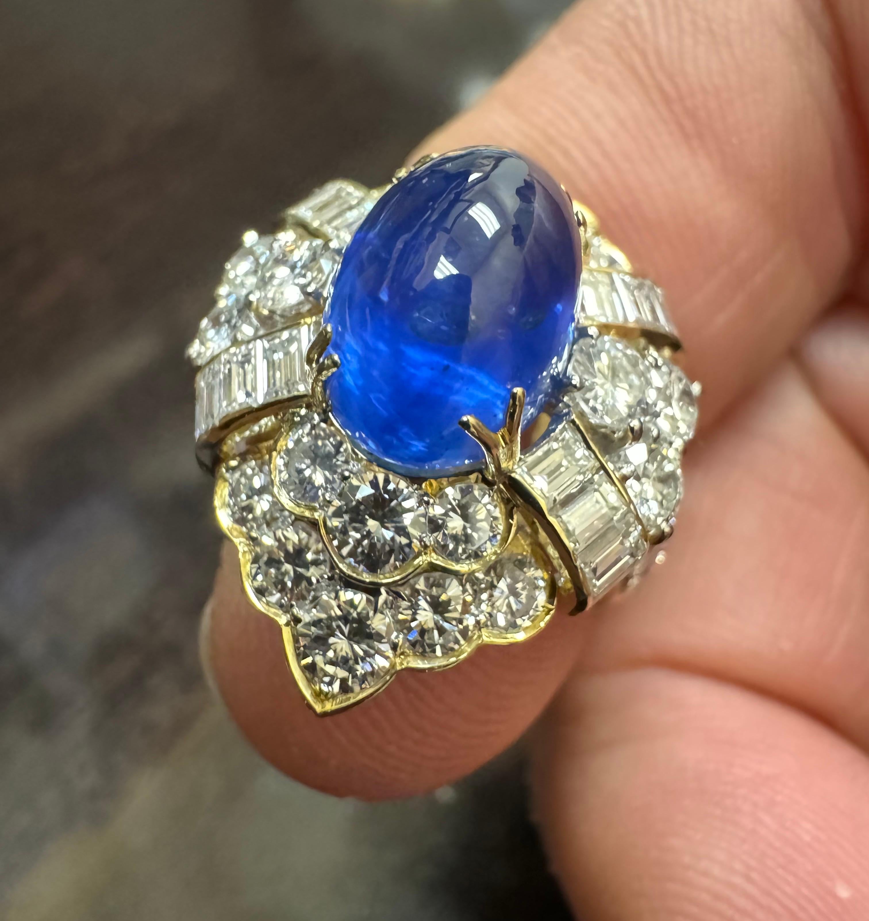 18K Yellow Gold Diamond GIA Certified 7.83 Carat Cabochon Blue Sapphire Ring For Sale 3