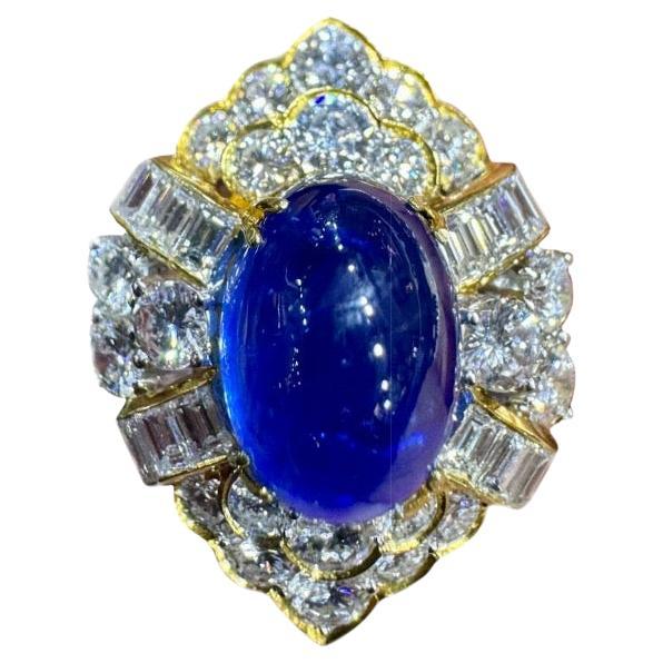 18K Yellow Gold Diamond GIA Certified 7.83 Carat Cabochon Blue Sapphire Ring