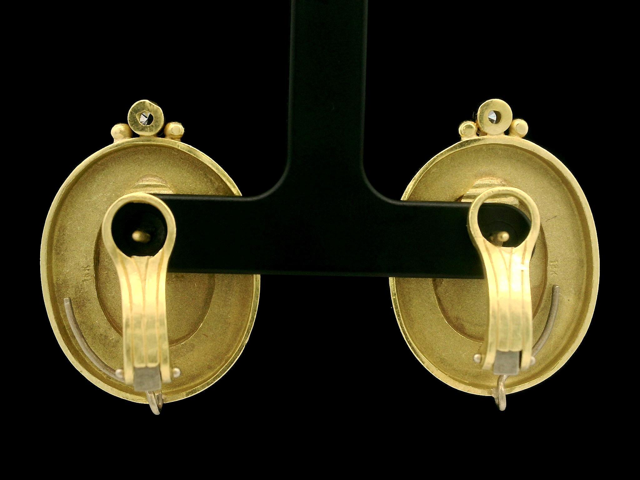 Round Cut 18k Yellow Gold Diamond Goddess Statue Cameo Button Omega Earrings For Sale