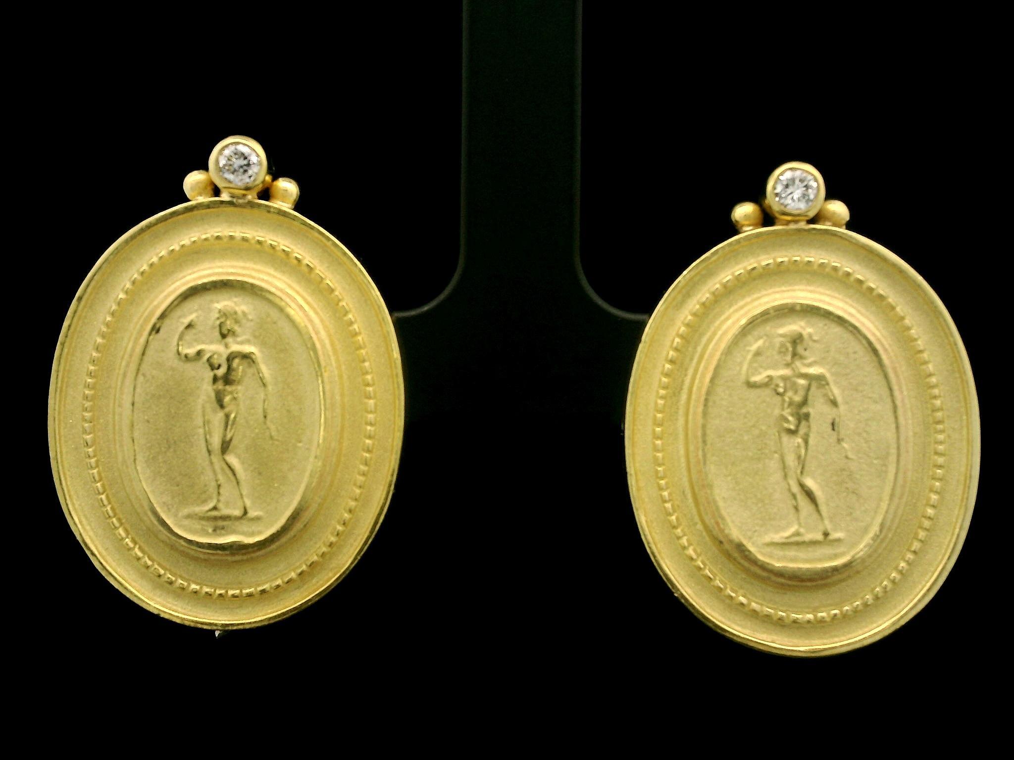 Women's 18k Yellow Gold Diamond Goddess Statue Cameo Button Omega Earrings For Sale