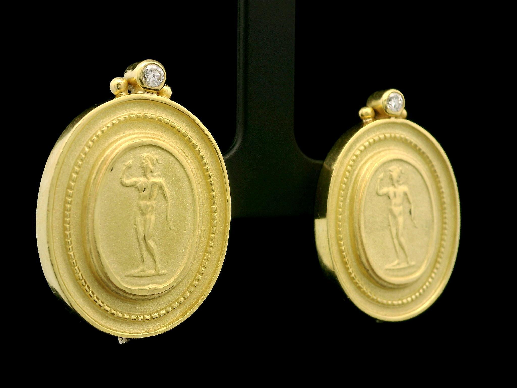 18k Yellow Gold Diamond Goddess Statue Cameo Button Omega Earrings For Sale 1