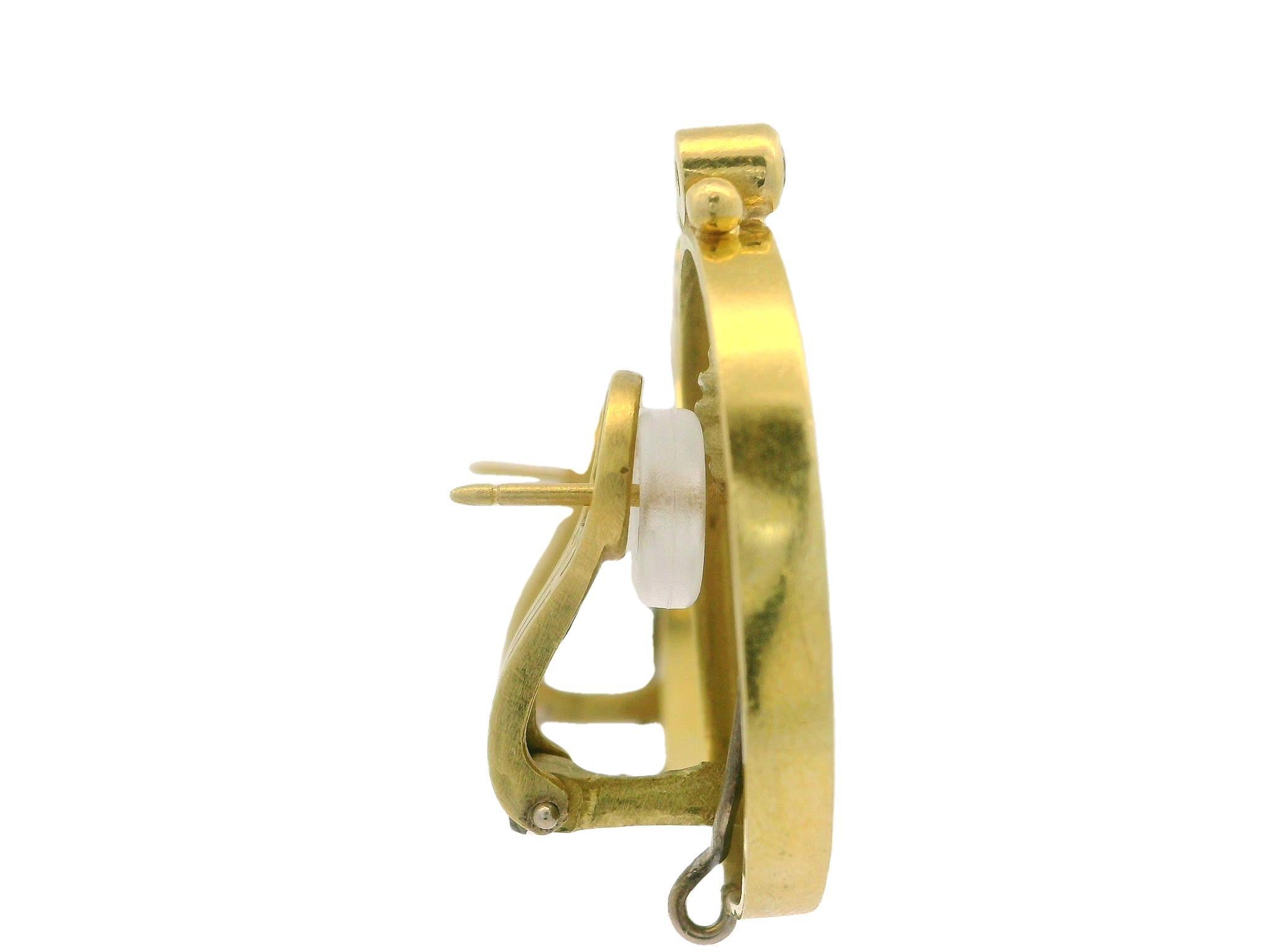 18k Yellow Gold Diamond Goddess Statue Cameo Button Omega Earrings For Sale 2
