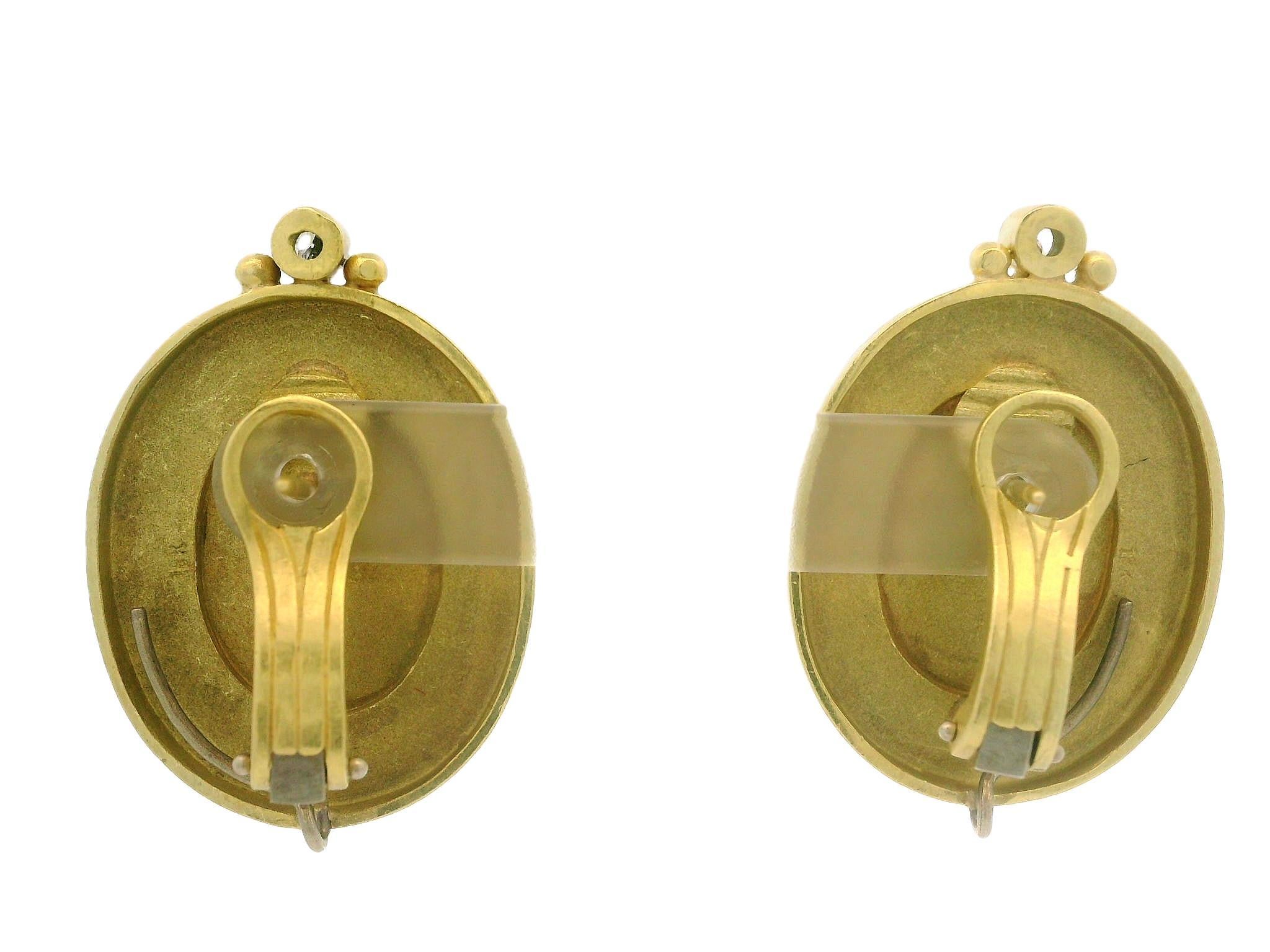 18k Yellow Gold Diamond Goddess Statue Cameo Button Omega Earrings For Sale 3