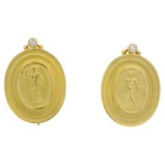 18k Yellow Gold Diamond Goddess Statue Cameo Button Omega Earrings