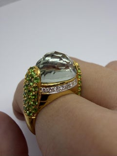18K Yellow Gold Diamond, Green Garnet and Checkered Green Gemstone Cocktail Ring