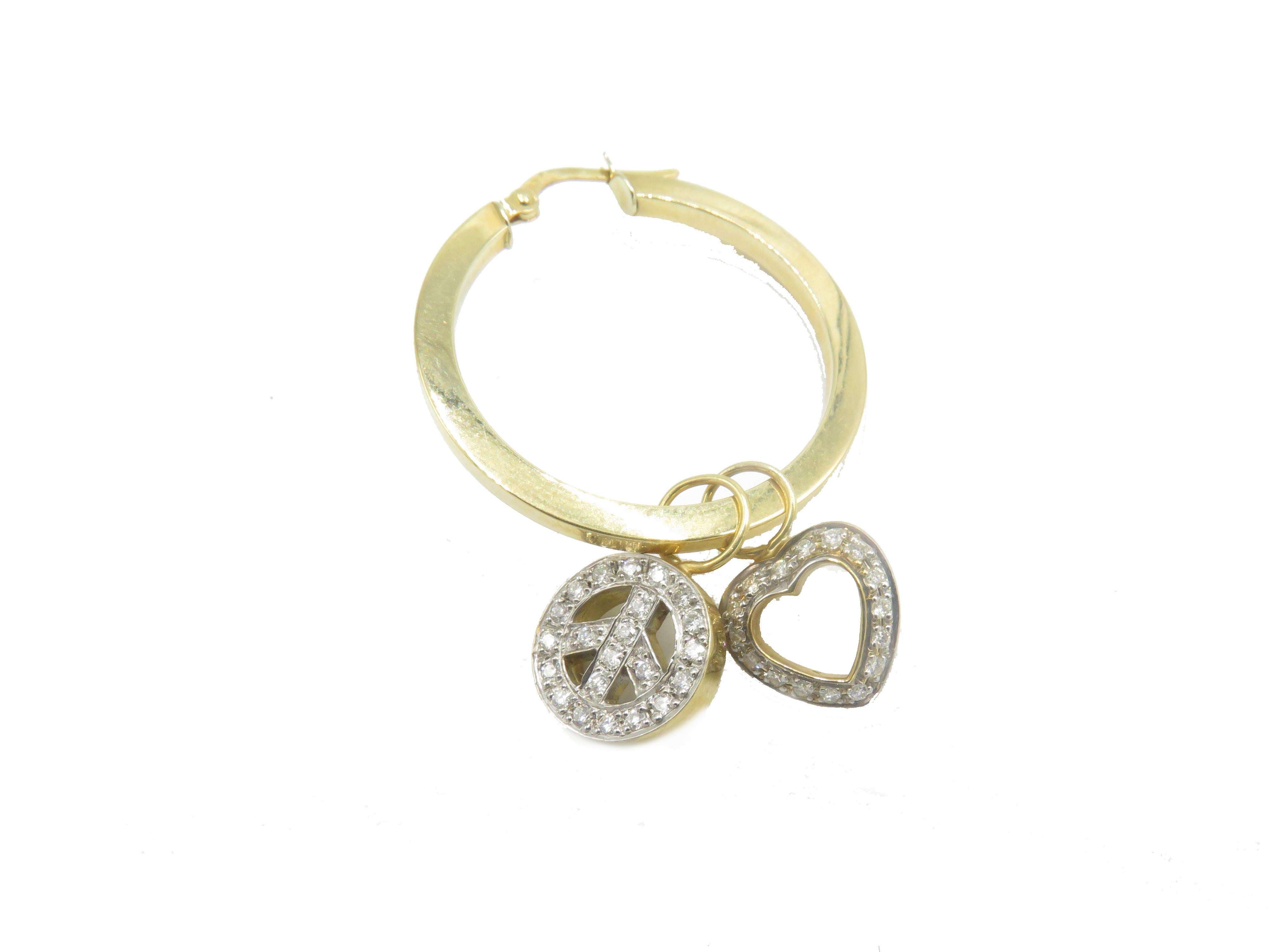 Women's 18 Karat Yellow Gold Diamond Heart and Peace Hoop Earrings