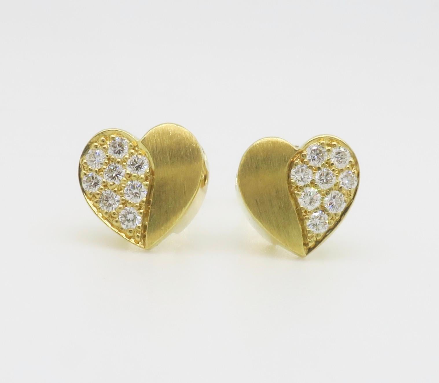 18k Yellow Gold Diamond Heart Stud Earrings For Sale 2