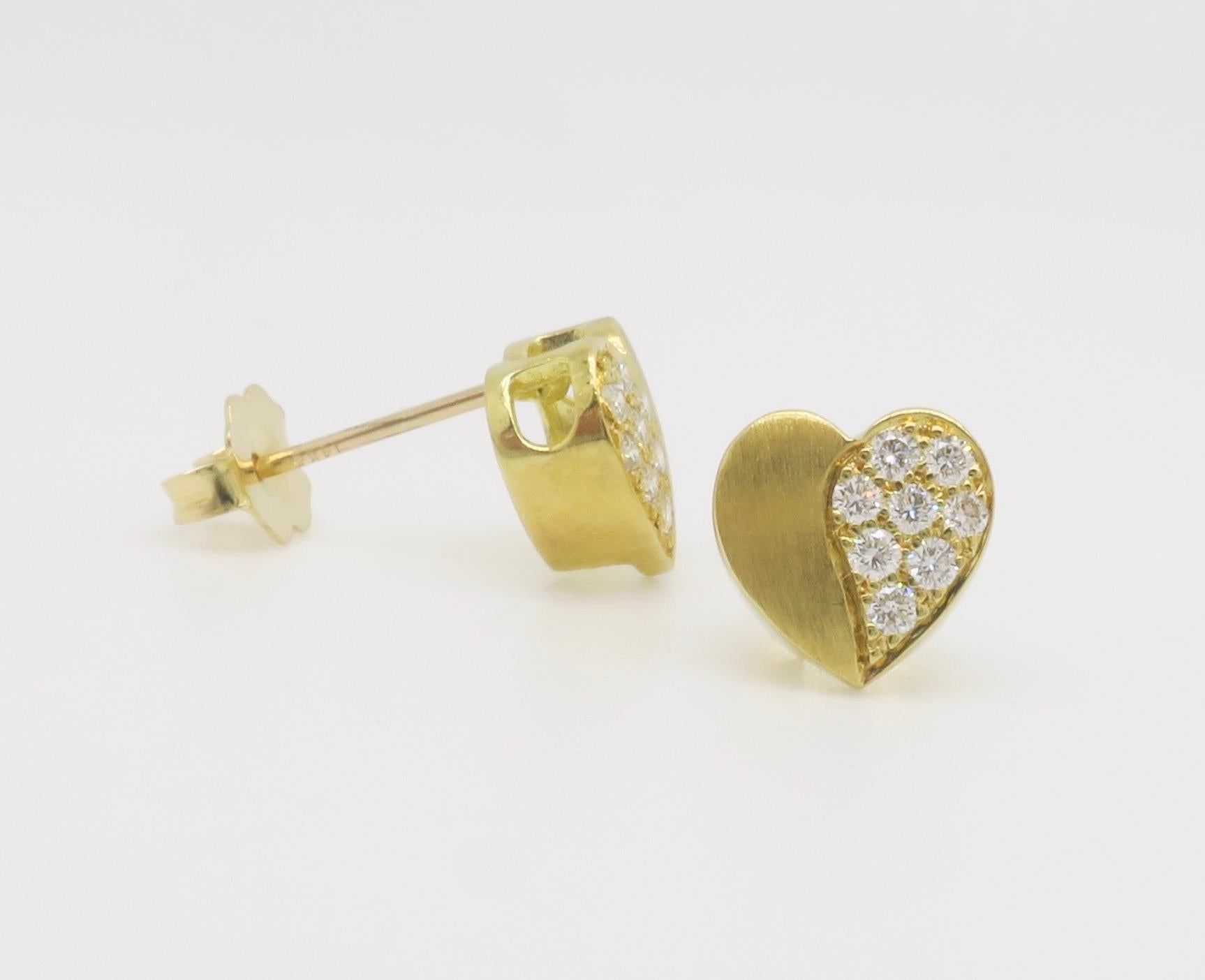 18k Yellow Gold Diamond Heart Stud Earrings For Sale 3