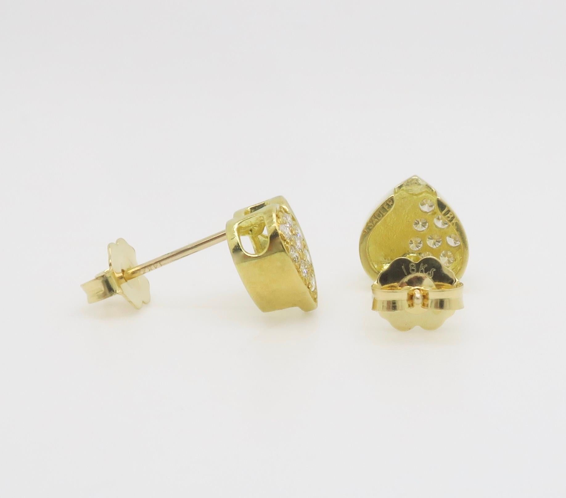 18k Yellow Gold Diamond Heart Stud Earrings For Sale 4