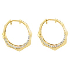 18K Yellow Gold Diamond Hoop Earrings, Geometric Design, 0.41 Carat