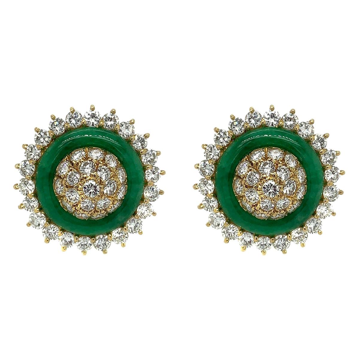 18 Karat Yellow Gold Diamond Jade Clip-On Earrings