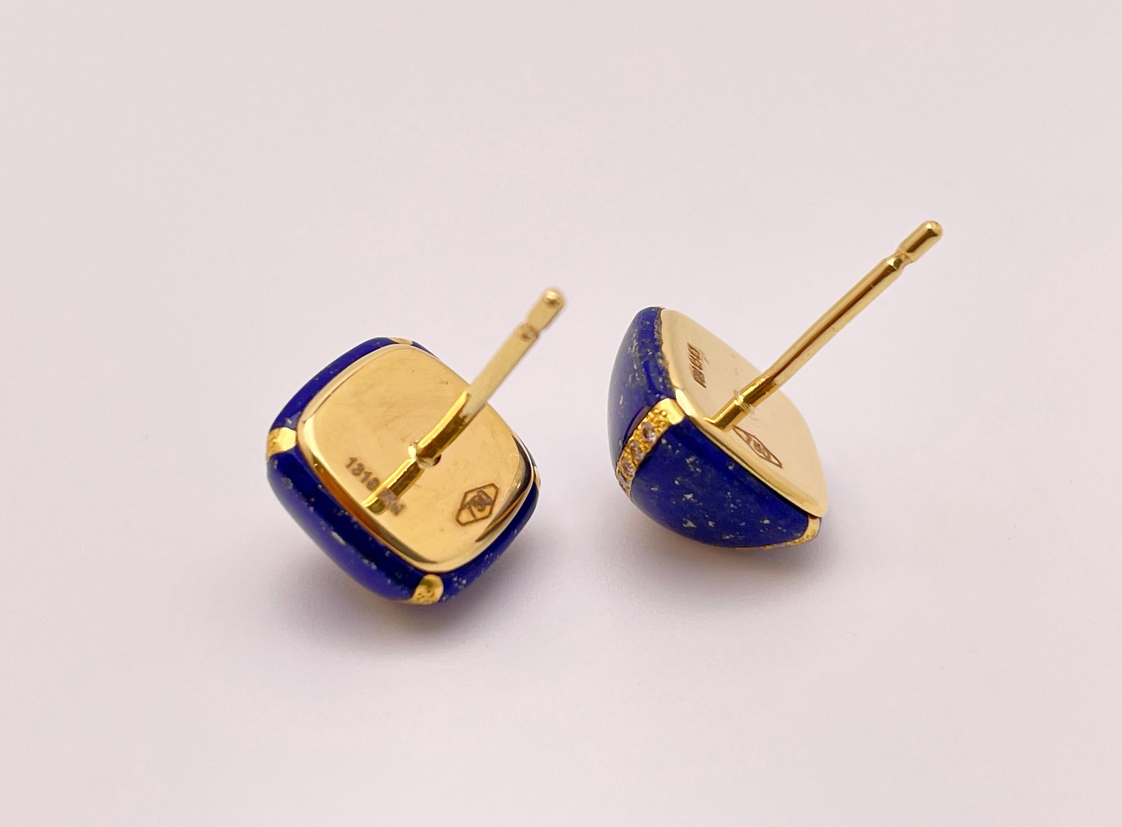 18K Yellow Gold Diamond Lapis Lazuli Dome Earrings For Sale 5