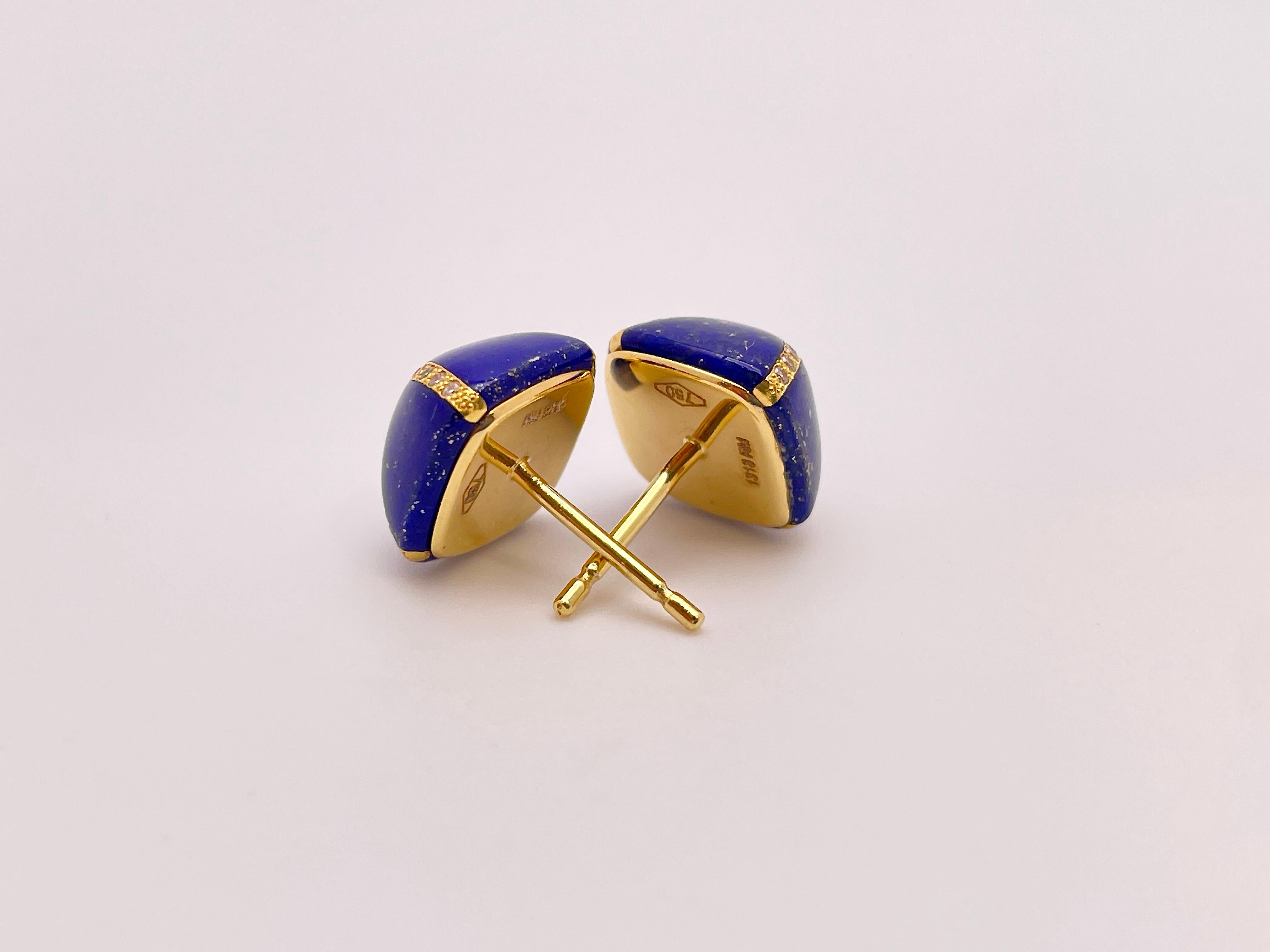 Round Cut 18K Yellow Gold Diamond Lapis Lazuli Dome Earrings For Sale