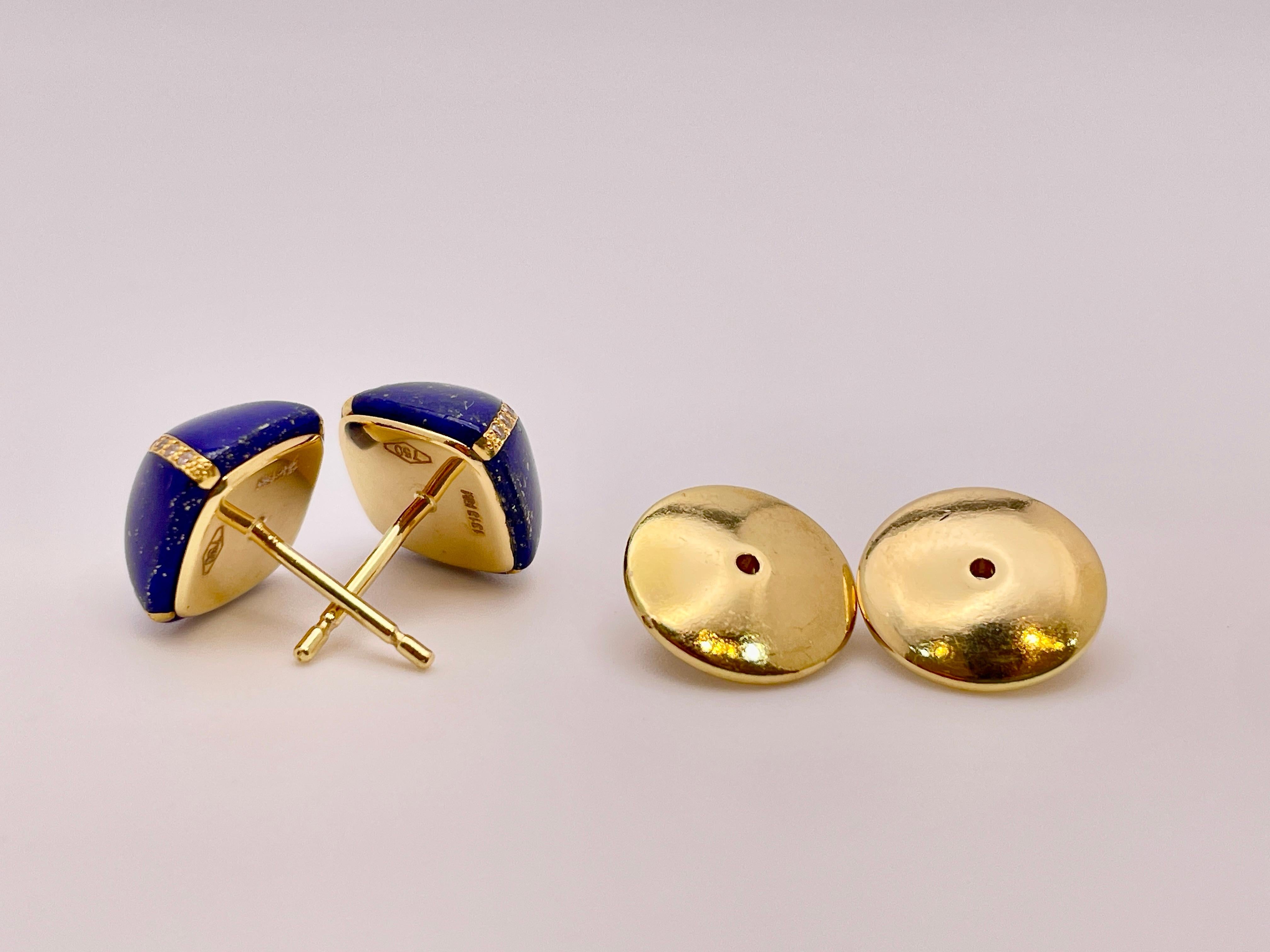18K Yellow Gold Diamond Lapis Lazuli Dome Earrings In Good Condition For Sale In Westport, CT