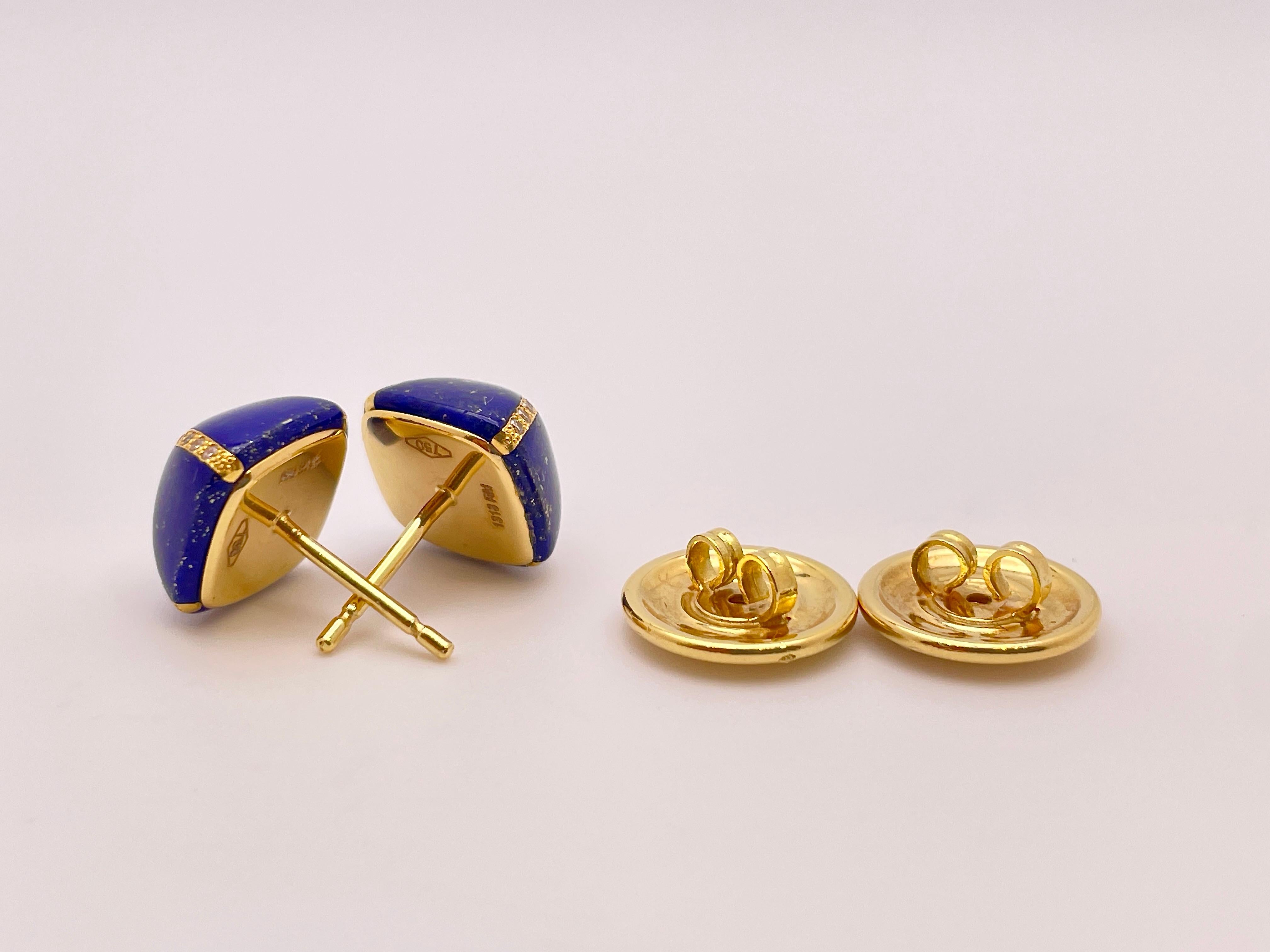Women's or Men's 18K Yellow Gold Diamond Lapis Lazuli Dome Earrings For Sale