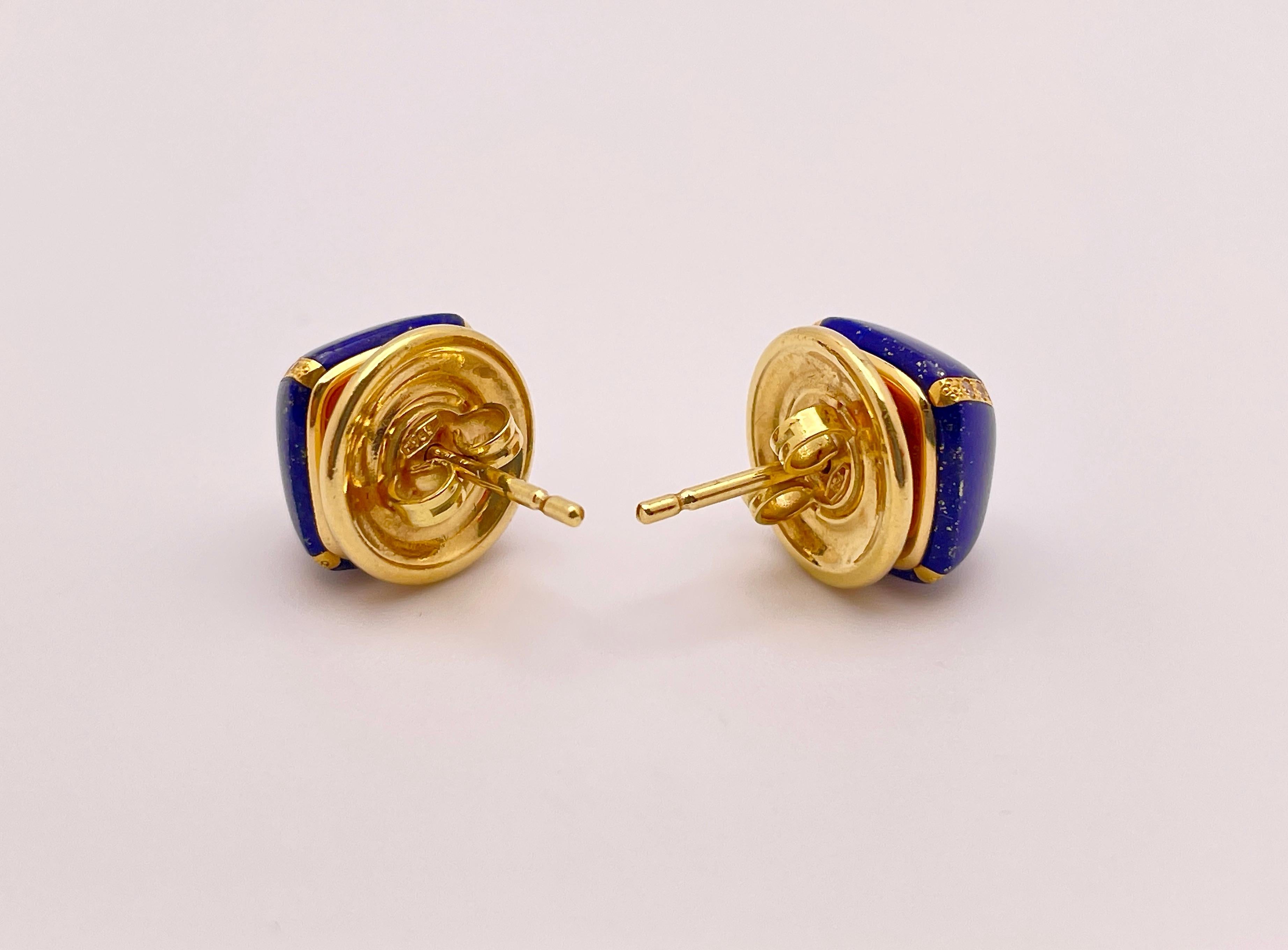 18K Yellow Gold Diamond Lapis Lazuli Dome Earrings For Sale 3