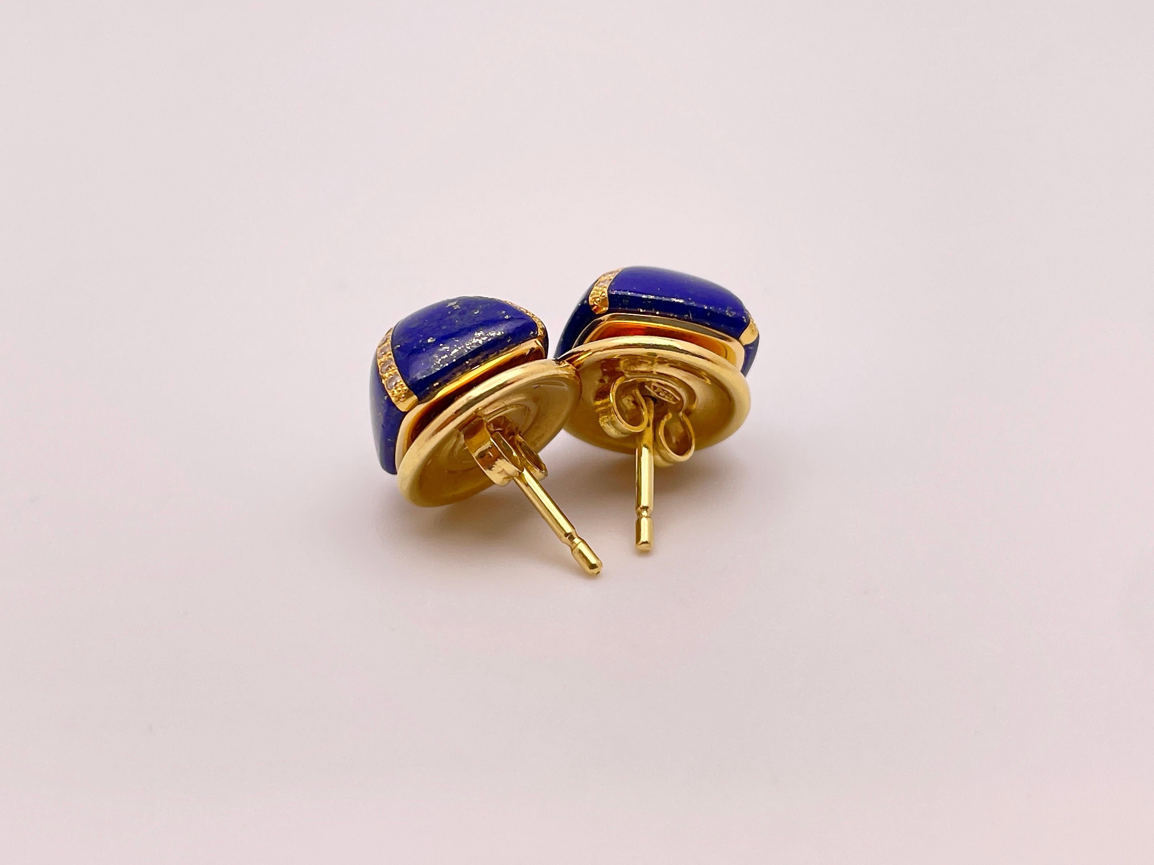 18K Yellow Gold Diamond Lapis Lazuli Dome Earrings For Sale 4