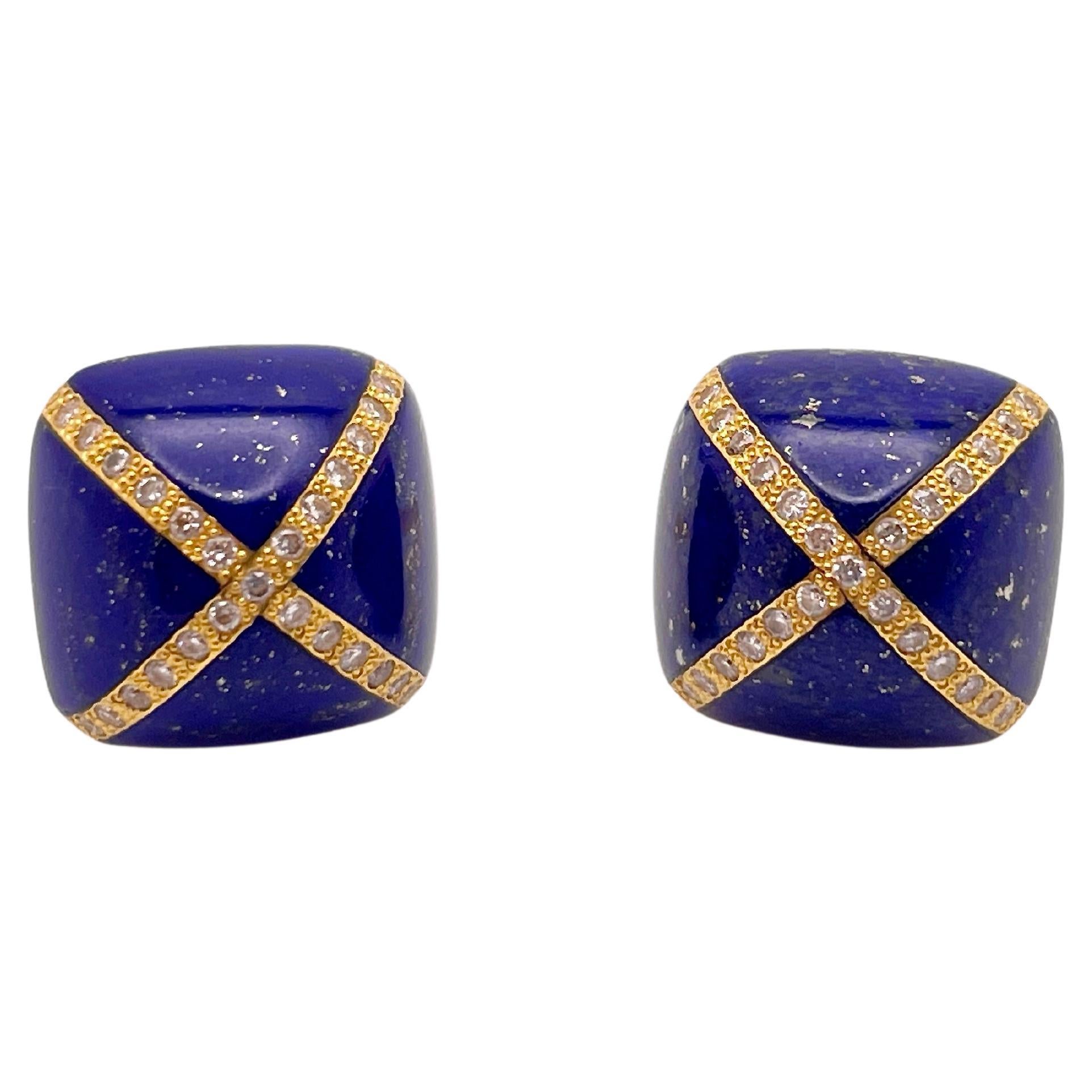 18K Yellow Gold Diamond Lapis Lazuli Dome Earrings For Sale