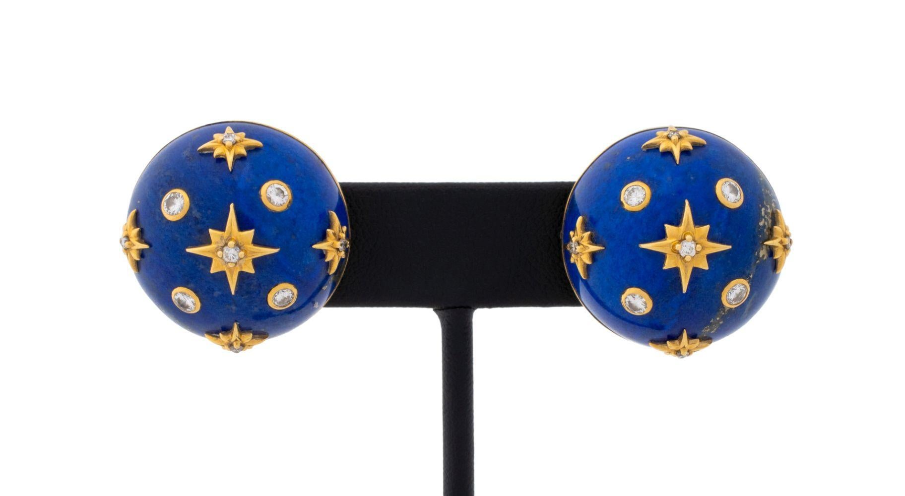 Orecchini in oro giallo 18K con diamante e lapislazzuli in vendita 2