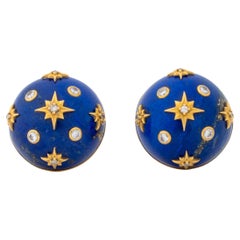 18K Yellow Gold Diamond Lapis Lazuli Earclips