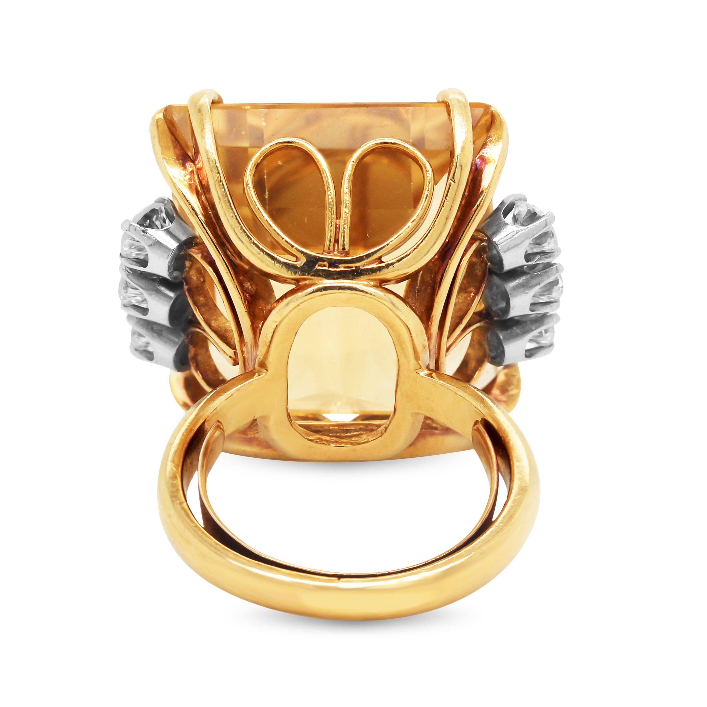 Contemporary 18 Karat Yellow Gold Diamond Large Emerald Cut Citrine Cocktail Ring