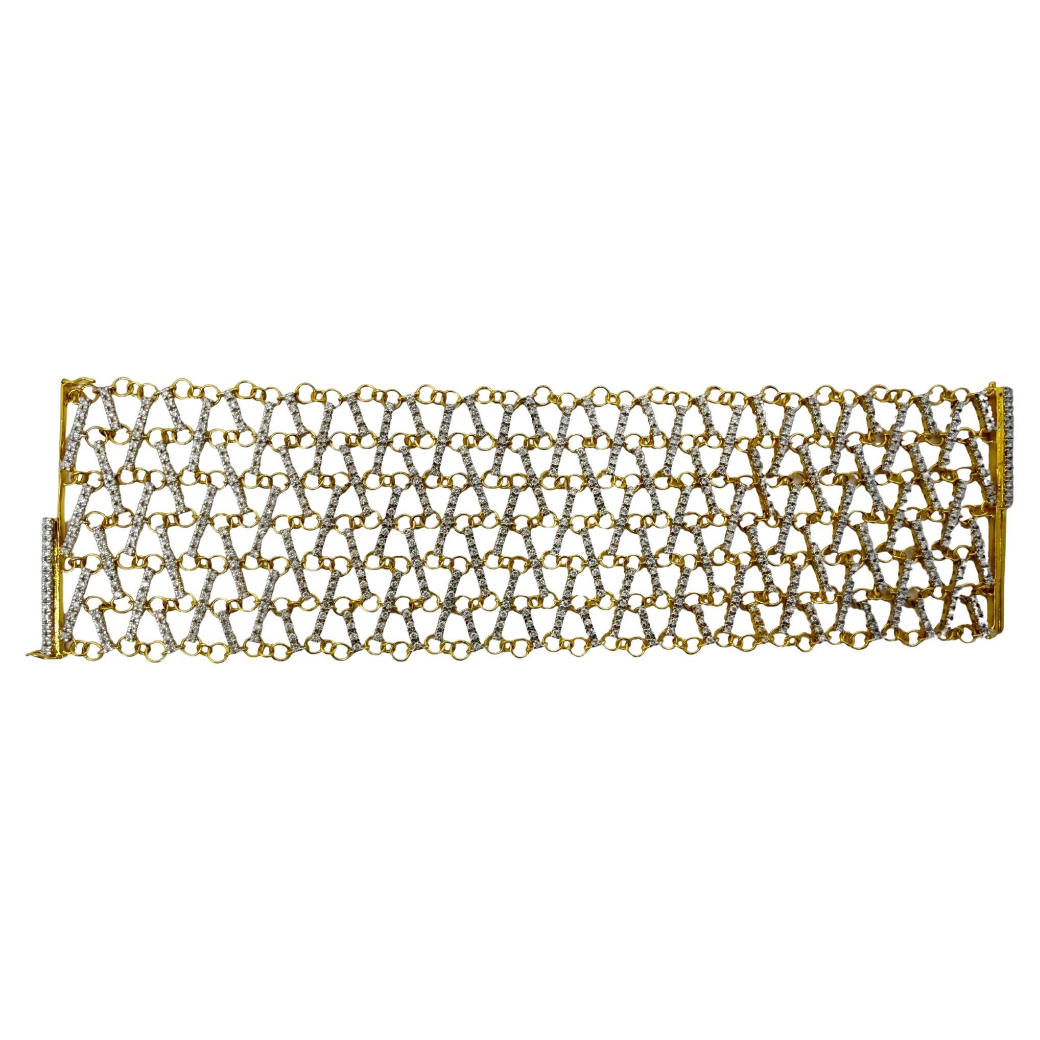 Bracelet en or jaune 18K avec treillis de diamants - 7 pouces en vente
