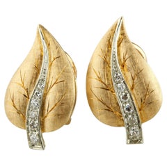 18k Yellow Gold Diamond Leaf Earrings Gorgeous Vintage Look TDW, 0.25ct