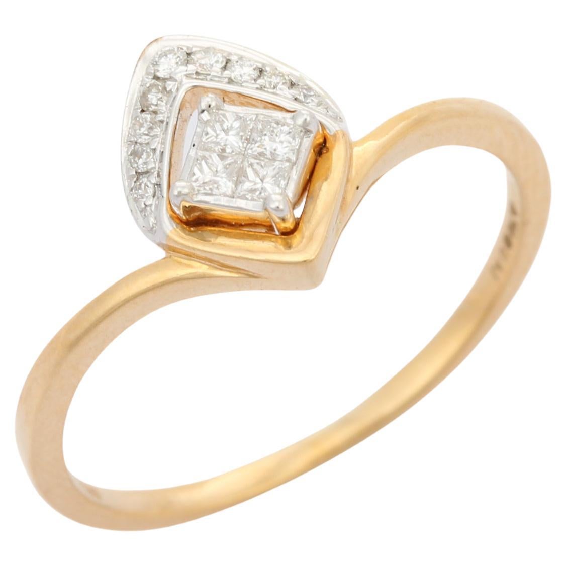 18K Yellow Gold Diamond Leaf Stacking Ring, Minimalist Diamond Ring