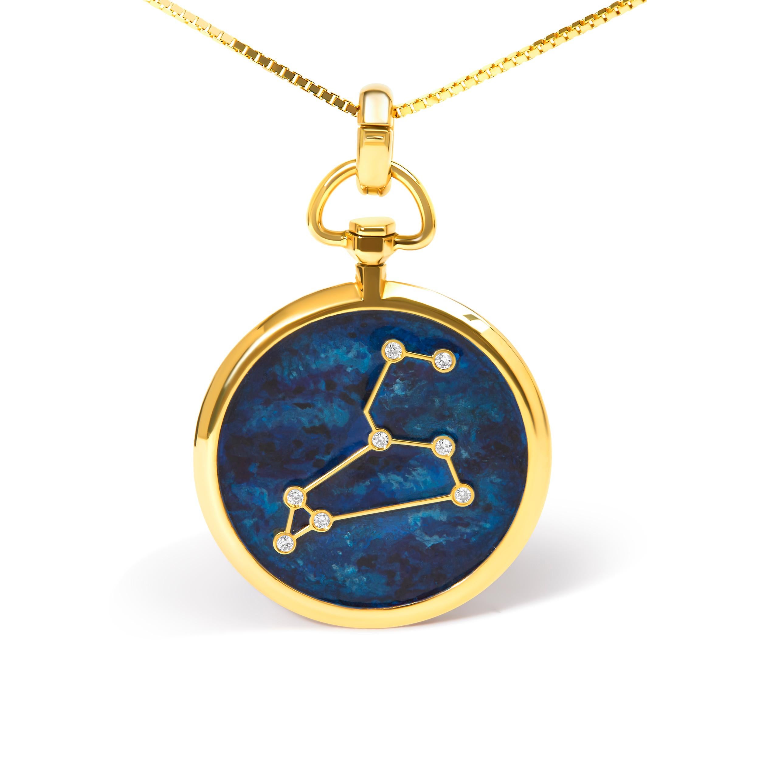 Indulge in celestial elegance with our 18K Yellow Gold Diamond Leo Constellation Pendant Necklace. Embellished with 8 captivating natural round accent diamonds and showcasing a brilliant H-I color with SI2-I1 clarity, this necklace captures the