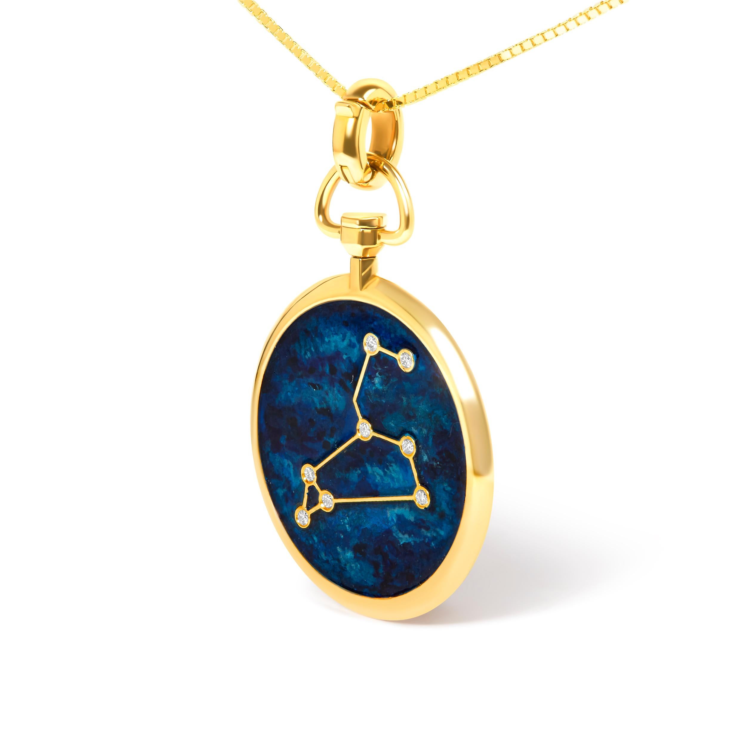 Modern 18K Yellow Gold Diamond Leo Constellation with Blue Enamel Pendant Necklace For Sale