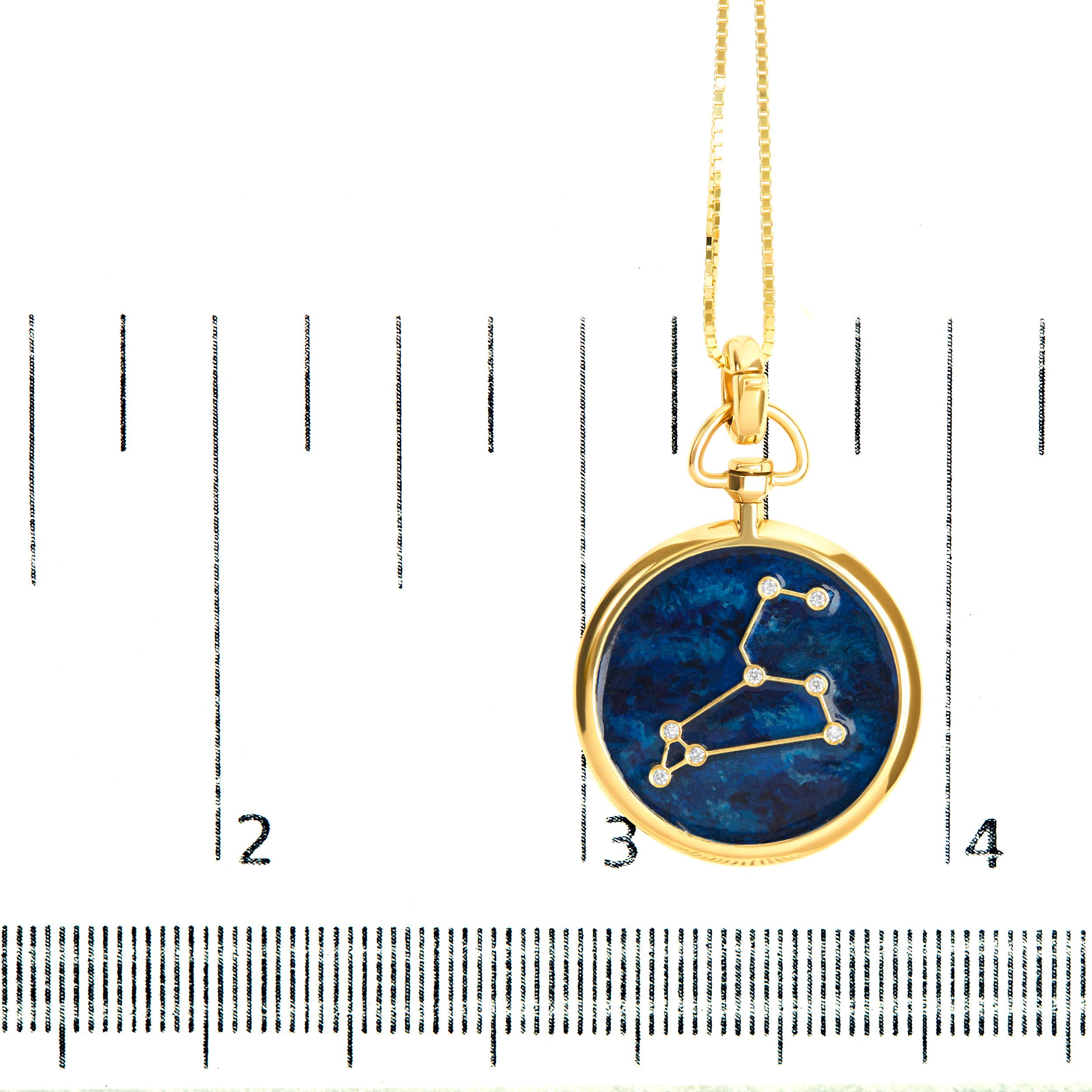 18K Yellow Gold Diamond Leo Constellation with Blue Enamel Pendant Necklace In New Condition For Sale In New York, NY