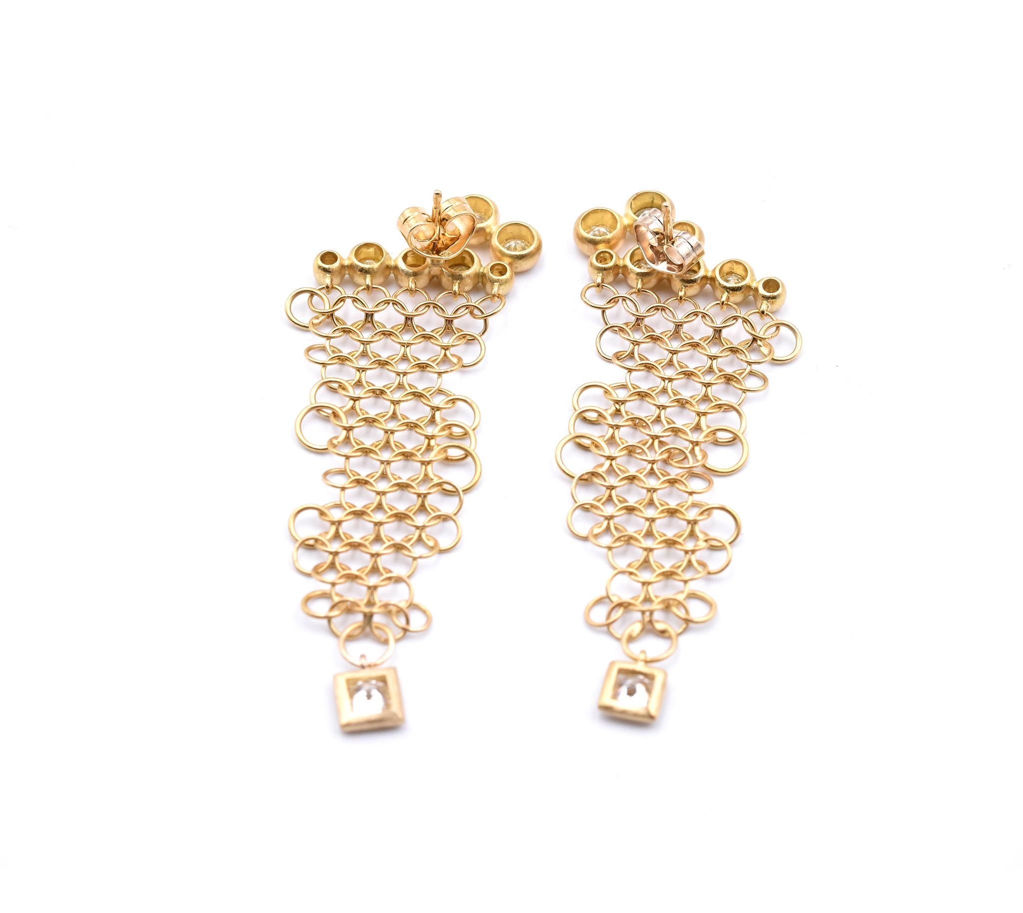 Round Cut 18 Karat Yellow Gold Diamond Mesh Dangle Earrings For Sale