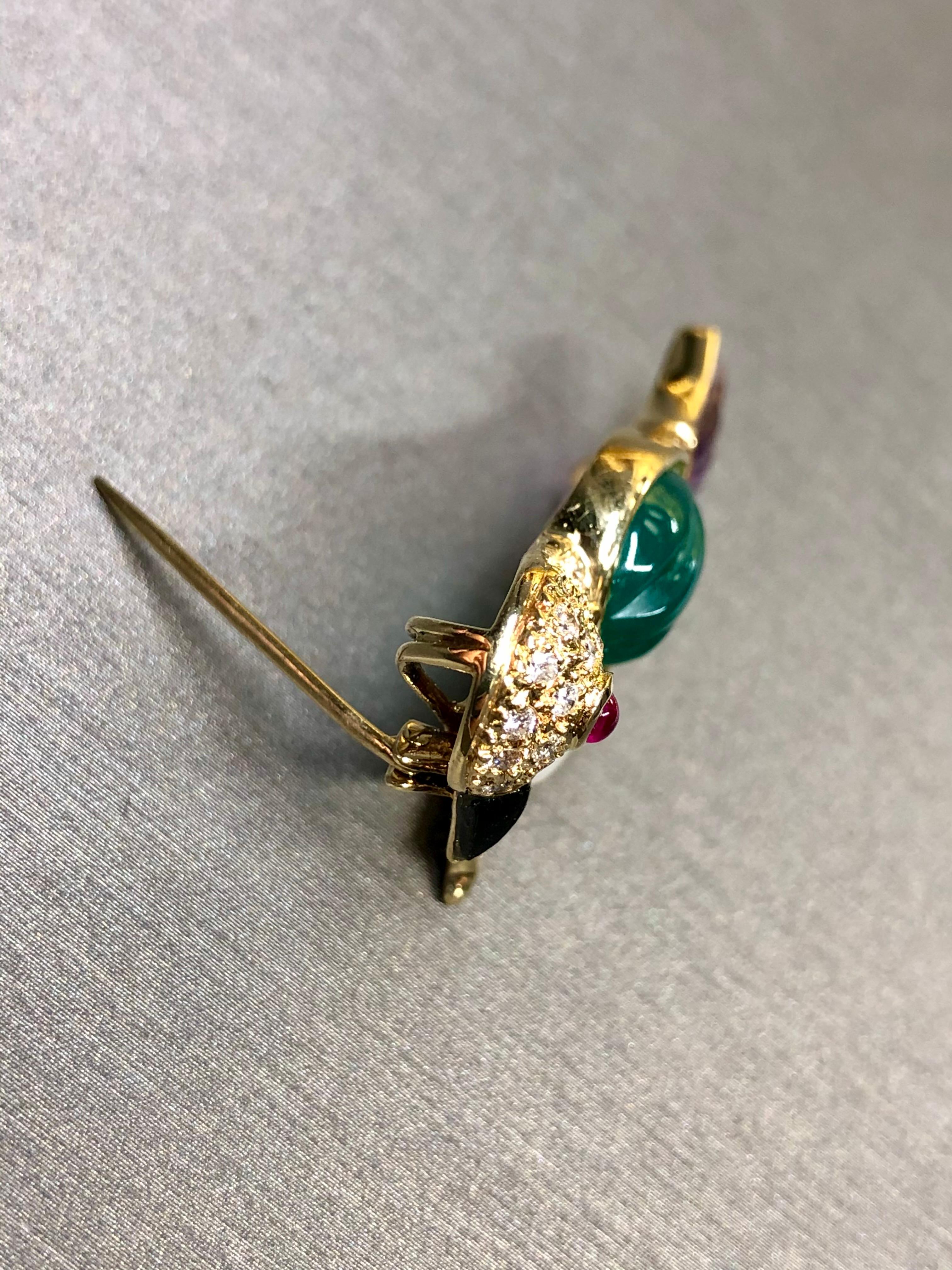Contemporary 18K Yellow Gold Diamond MOP Ruby Amethyst Chalcedony Onyx Bird Brooch Pendant For Sale