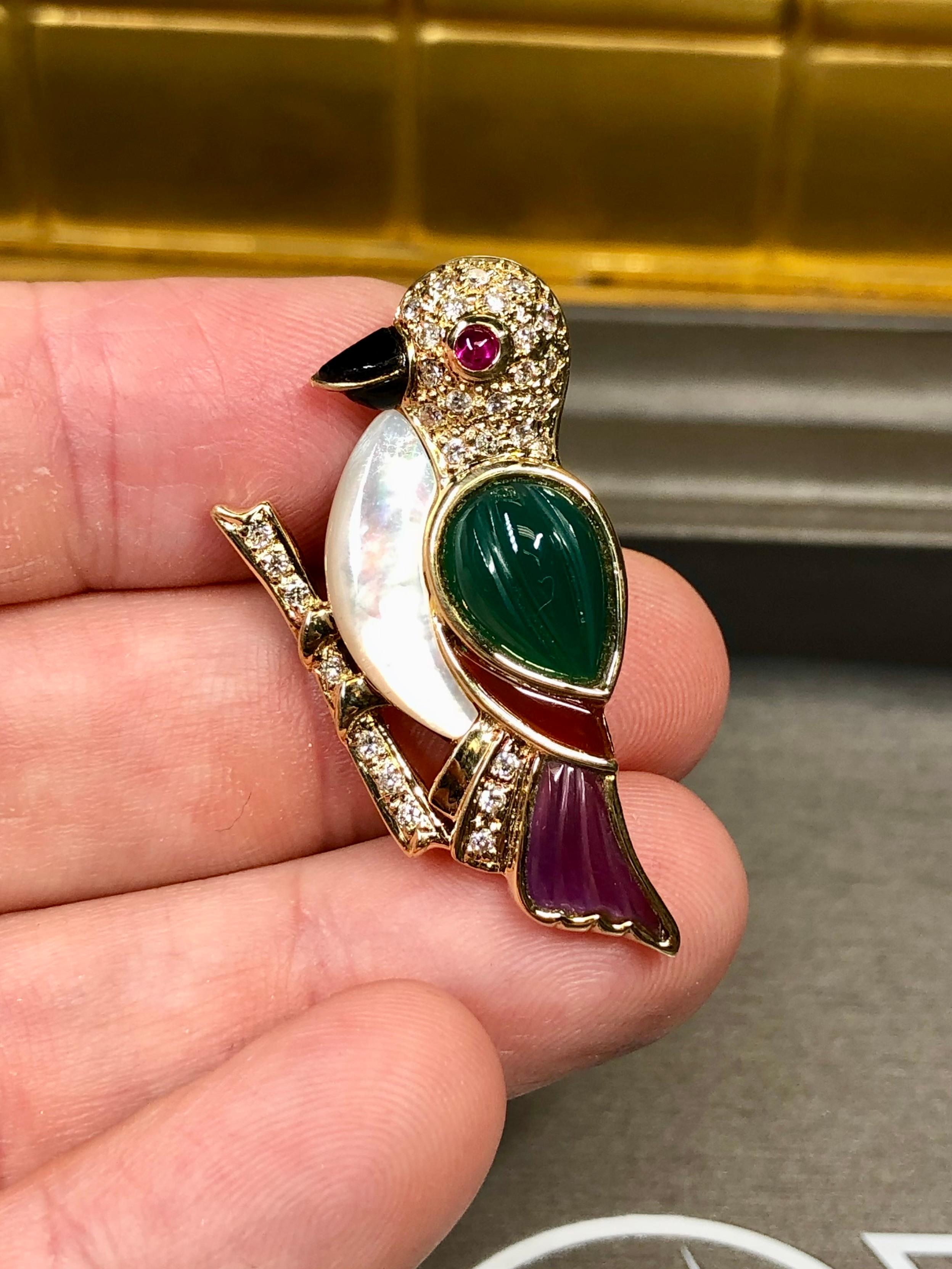 Women's or Men's 18K Yellow Gold Diamond MOP Ruby Amethyst Chalcedony Onyx Bird Brooch Pendant For Sale