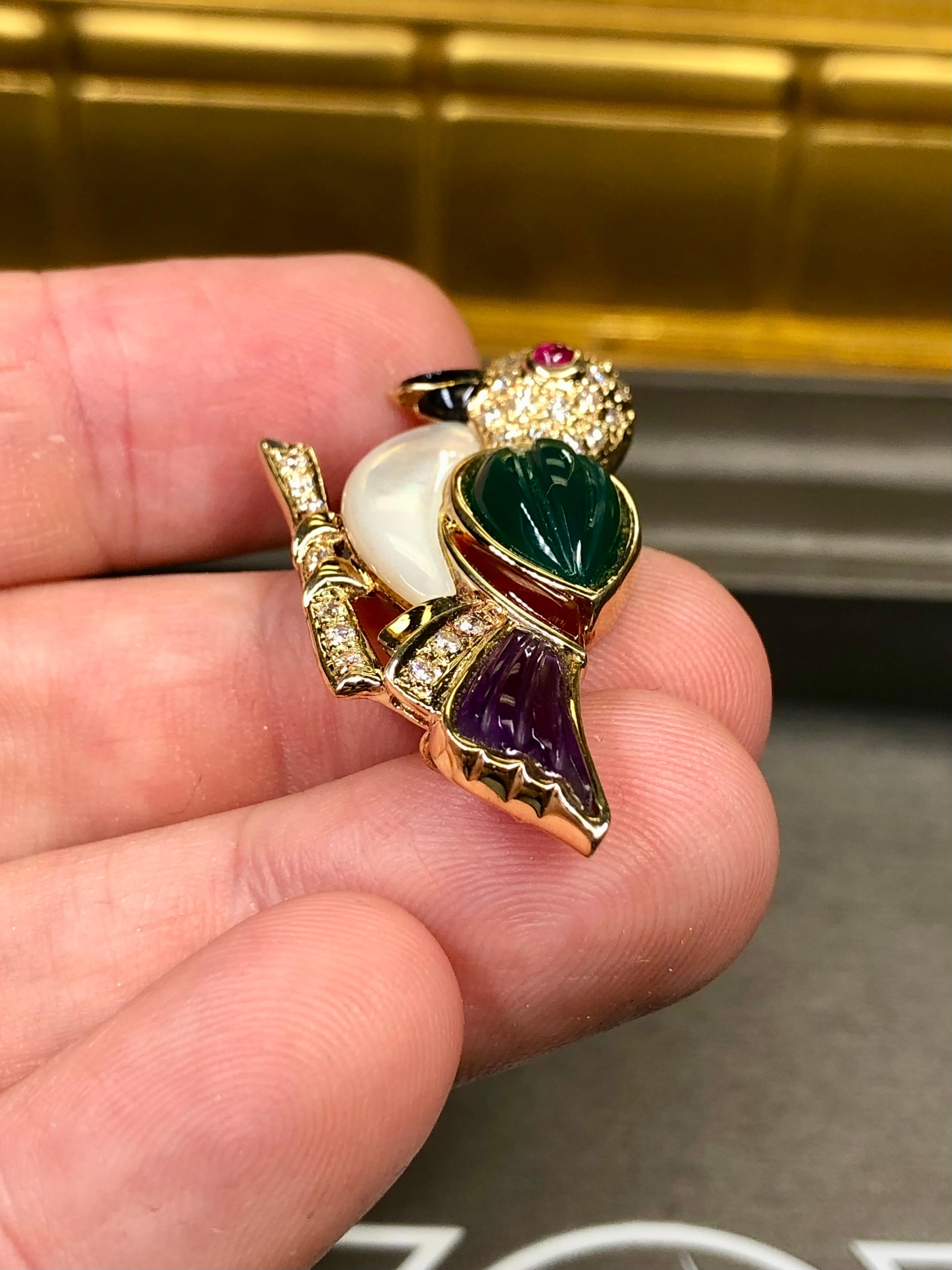 18K Yellow Gold Diamond MOP Ruby Amethyst Chalcedony Onyx Bird Brooch Pendant For Sale 1