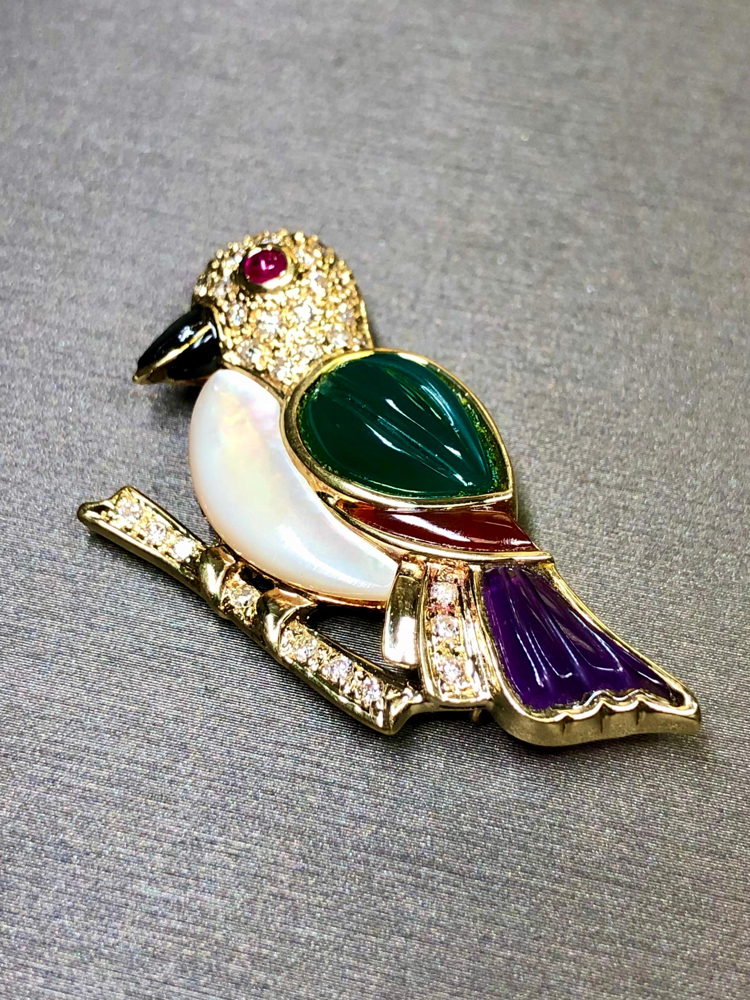 18K Yellow Gold Diamond MOP Ruby Amethyst Chalcedony Onyx Bird Brooch Pendant For Sale 2