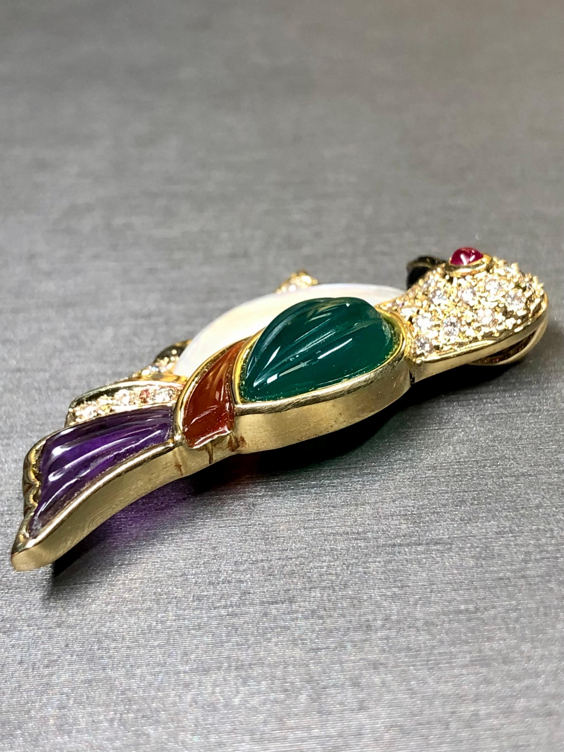 18K Yellow Gold Diamond MOP Ruby Amethyst Chalcedony Onyx Bird Brooch Pendant For Sale 3