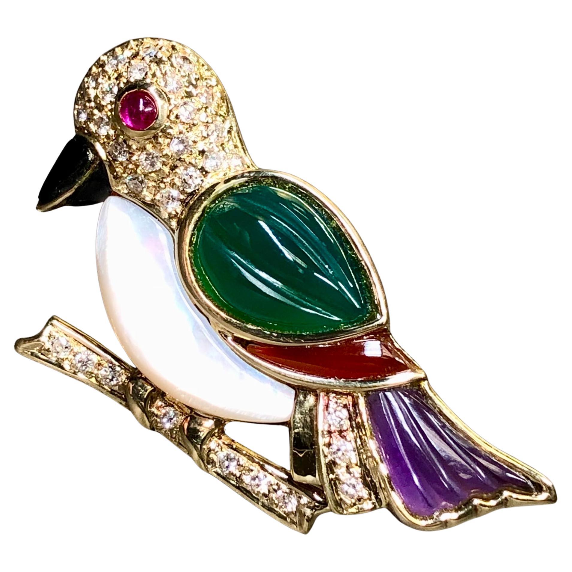 18K Yellow Gold Diamond MOP Ruby Amethyst Chalcedony Onyx Bird Brooch Pendant