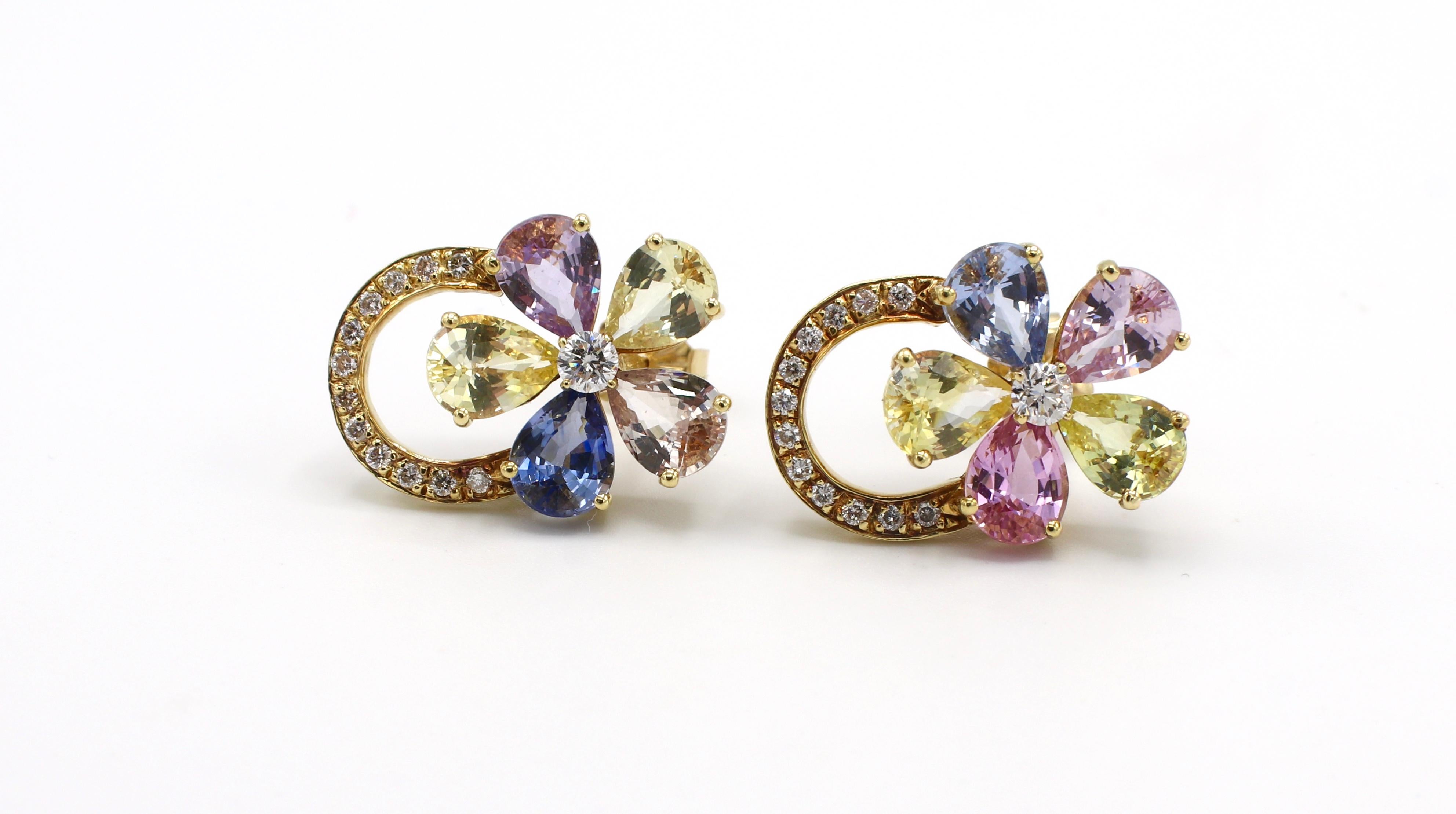 18K Yellow Gold Diamond & Multi-Color Sapphire Flower Earrings 

Metal: 18k yellow gold (backs are 14k) 
Weight: 7.13 grams
Diamonds: Approx. .45 CTW G VS
Length: 19mm
Width: 14mm 

