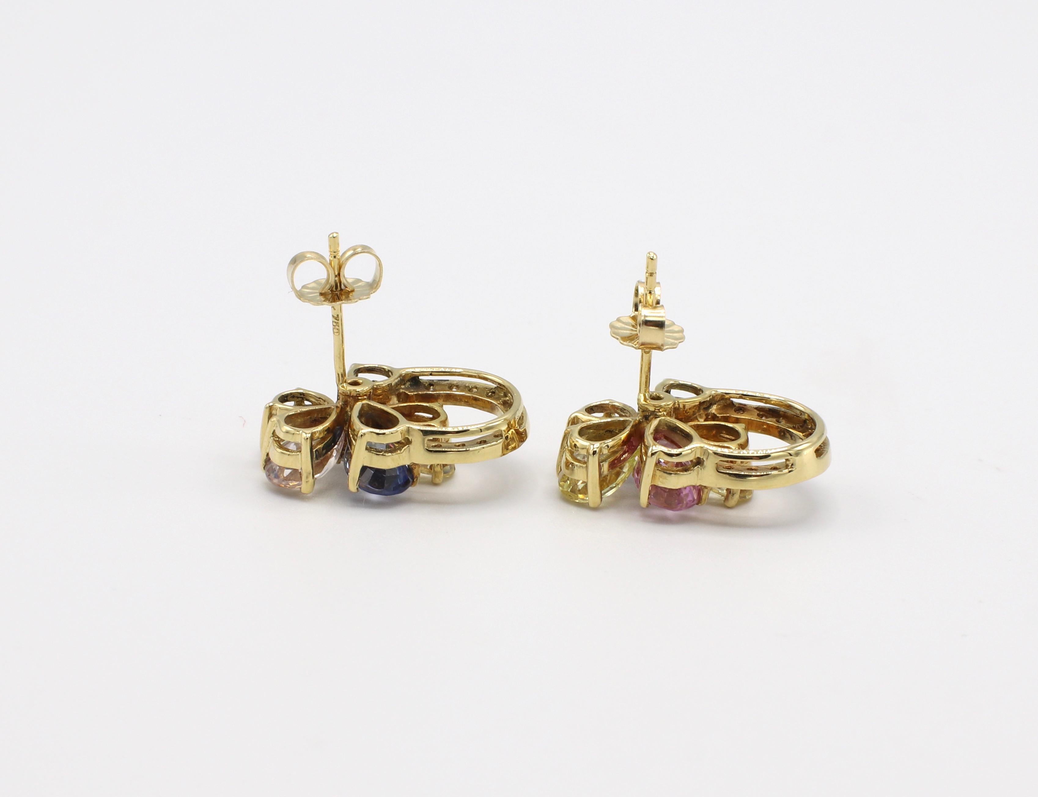 Modern 18 Karat Yellow Gold Diamond and Multi-Color Sapphire Flower Earrings