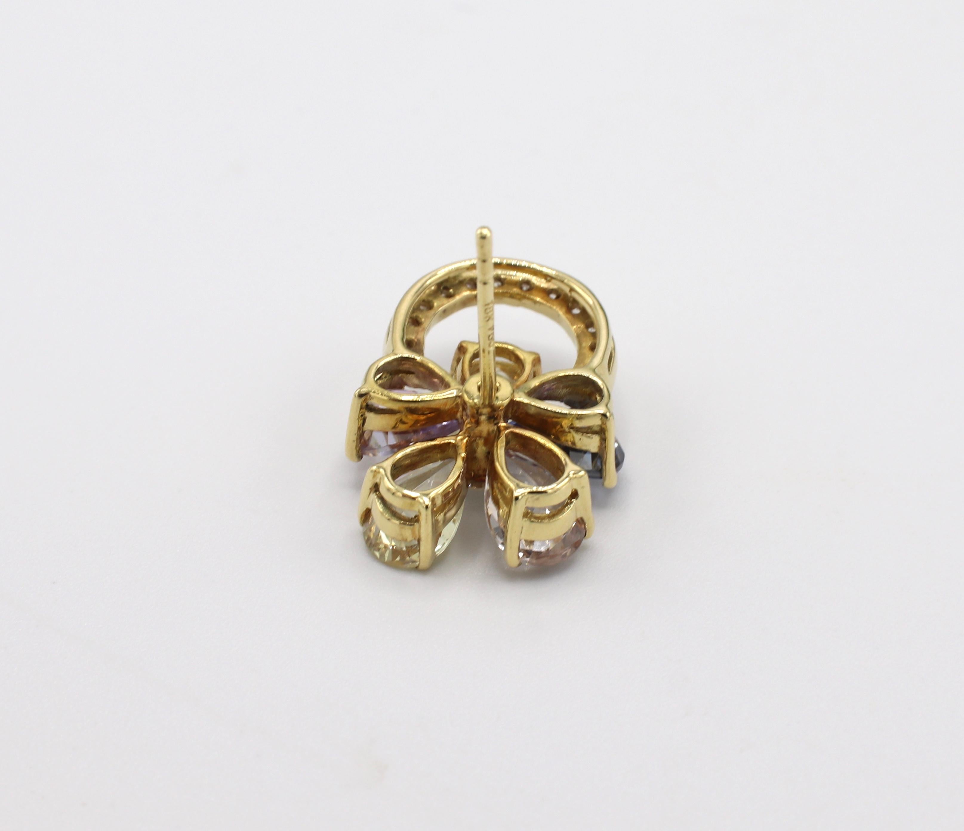 Women's or Men's 18 Karat Yellow Gold Diamond and Multi-Color Sapphire Flower Earrings