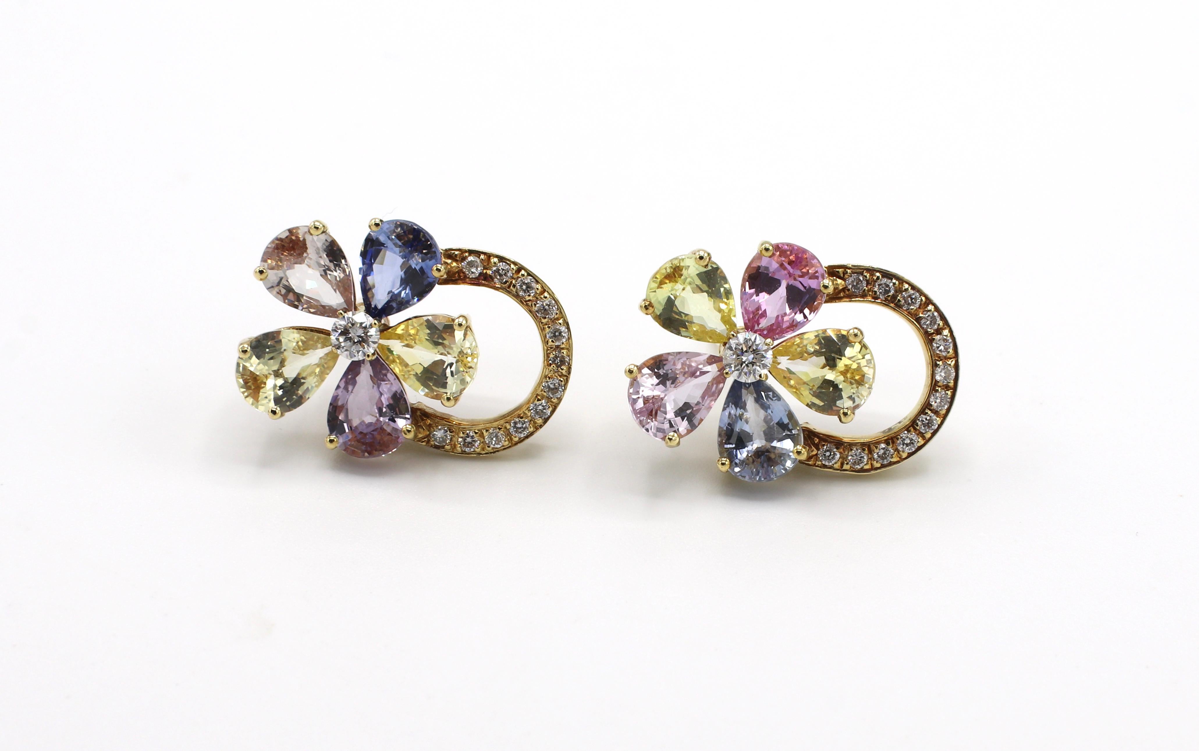 18 Karat Yellow Gold Diamond and Multi-Color Sapphire Flower Earrings 1