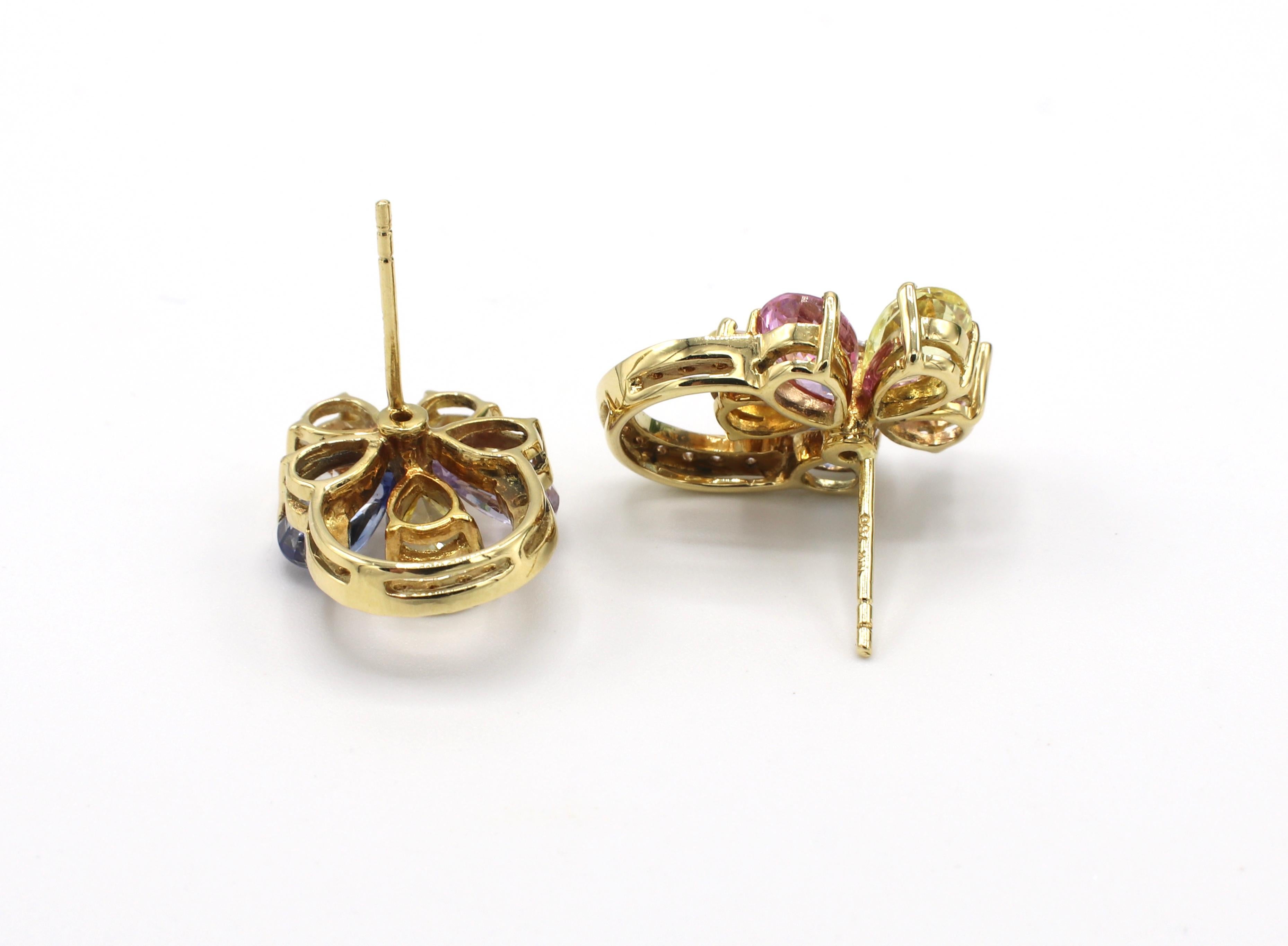 18 Karat Yellow Gold Diamond and Multi-Color Sapphire Flower Earrings 2
